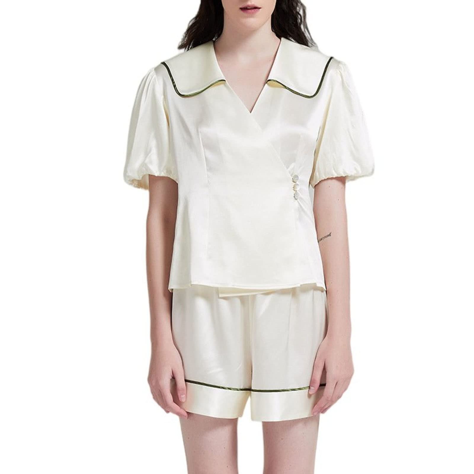 Quanmengsh511 Women's Silk Satin Pajama Set - 2 Piece Button Down Short Sleeve Sleepwear Soft PJ Sets (Sizes M-XL) for Lounge, Sleep & Relaxation at Home