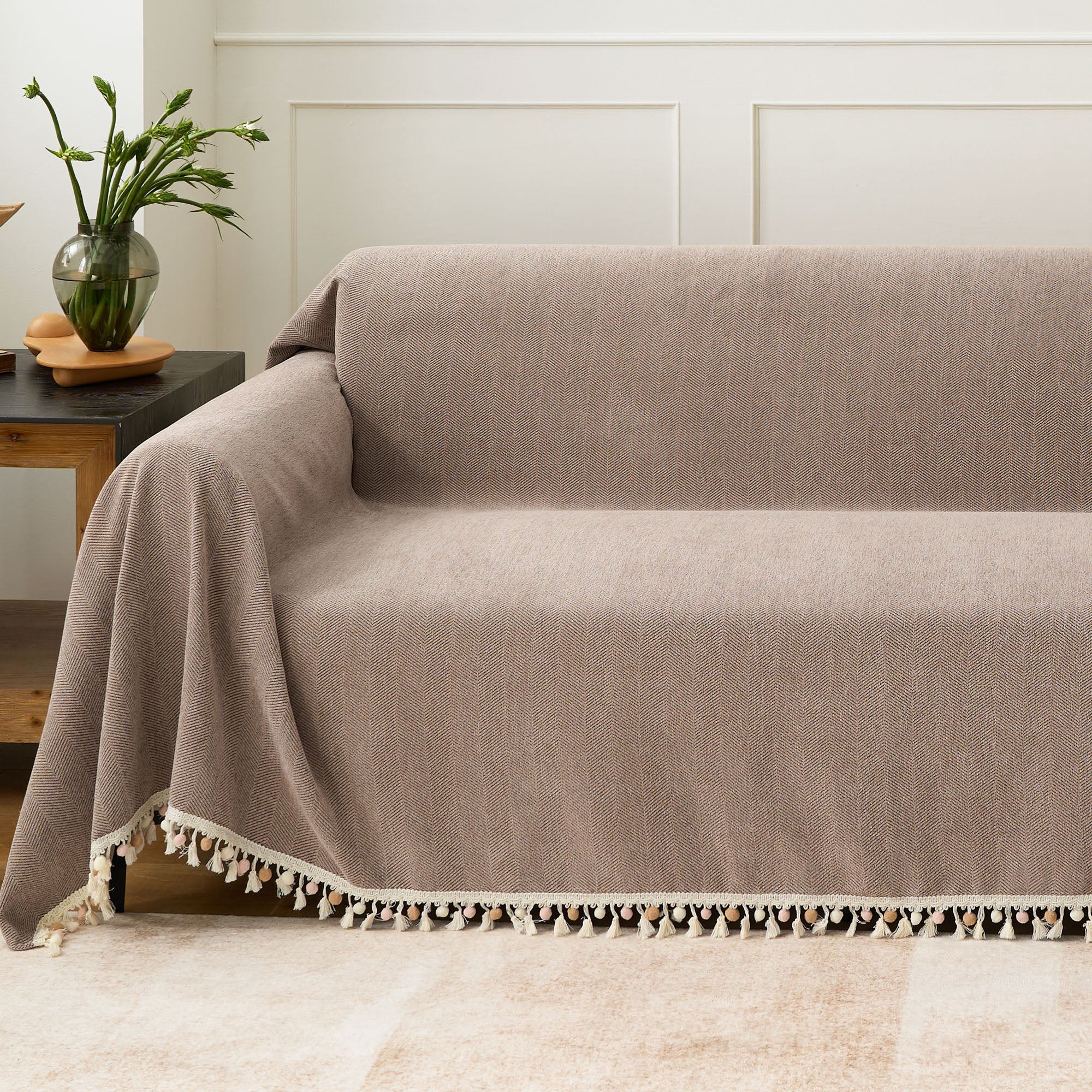Pet Friendly Herringbone Tassel Luxe Sofa Cover - Soft Stretchable Couch Protector for Dogs & Cats - Perfect for Living Room, Bedroom Furniture Protection