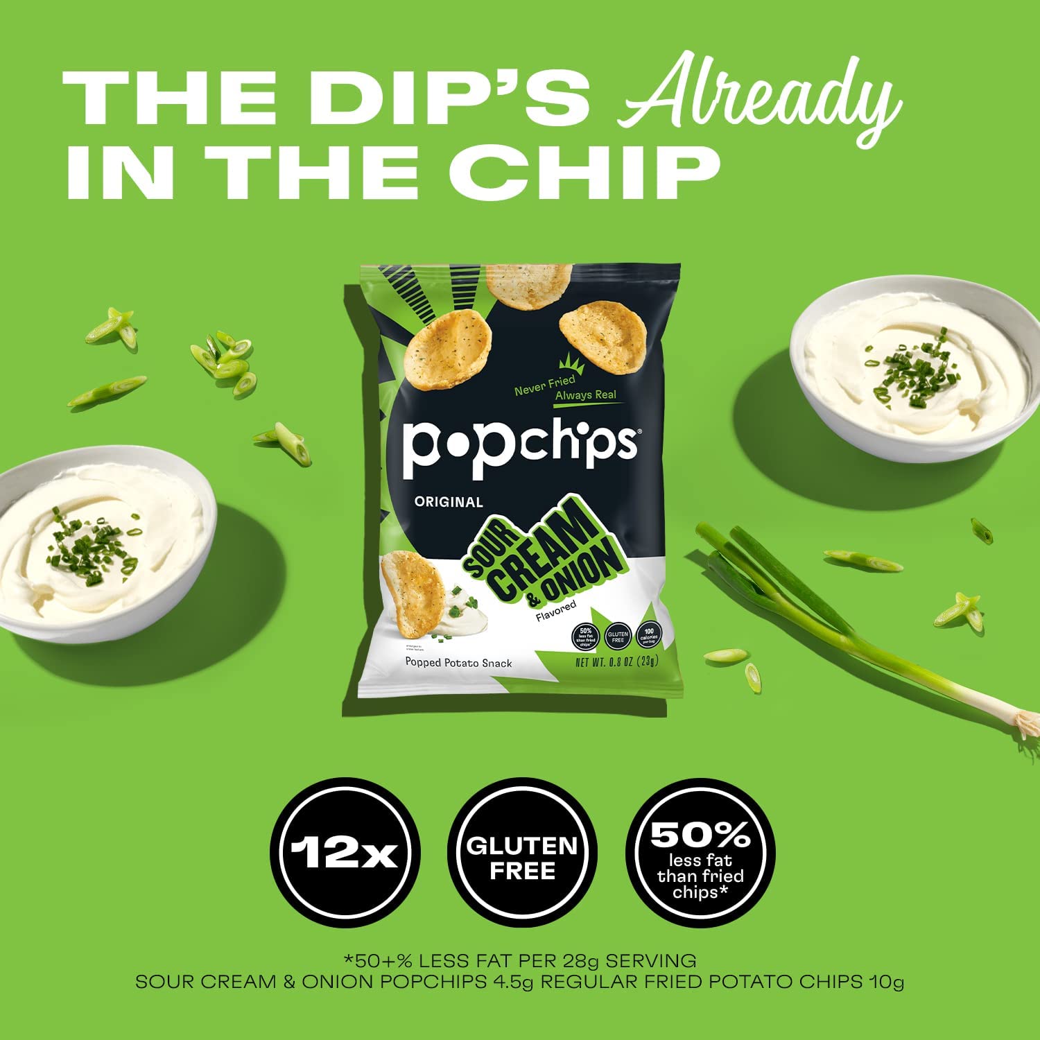 Popchips Sour Cream & Onion Potato Chips - 24 Pack of 0.8oz Single Serve Bags | Low Calorie, Gluten Free & Kosher Certified | Healthy Snacks for Adults & Kids | Perfect for Lunchboxes, Parties & On-the-Go Snacking