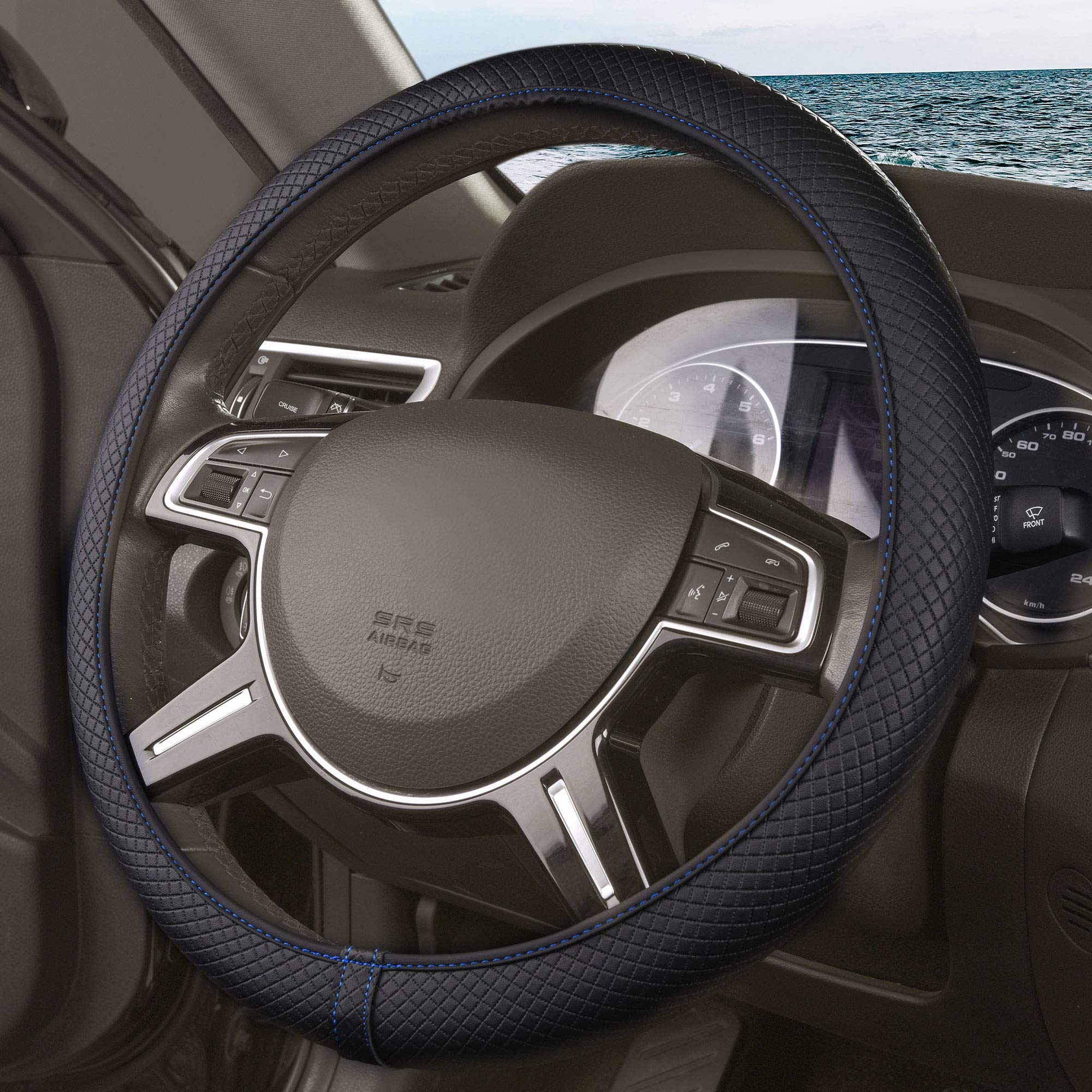 Premium Universal Fit Leatherette & Silicone Anti-Slip Steering Wheel Cover - Ultimate Protection for Cars, SUVs, Trucks & Vans - Blue - Perfect for Daily Commutes, Road Trips & Extreme Weather Protection