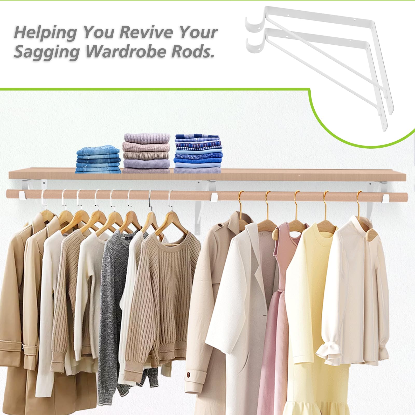 Heavy Duty 4 Pack White Closet Rod Brackets - Supports 1-3/8” Diameter Rods, 10.8” x 10.8” Shelf & Rod Holders for Sturdy Closet Organization - Perfect for Bedroom, Walk-in Closet, and Laundry Room Storage Solutions