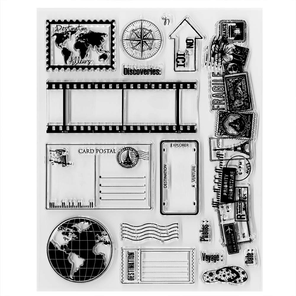 LANGFON Travel Journey Diary Clear Stamps Set - Film Globe, Letter Compass Silicone Stamps for Card Making, Scrapbooking, DIY Crafts | Perfect for Travel Journals, Postcards, Embossing & Album Decoration