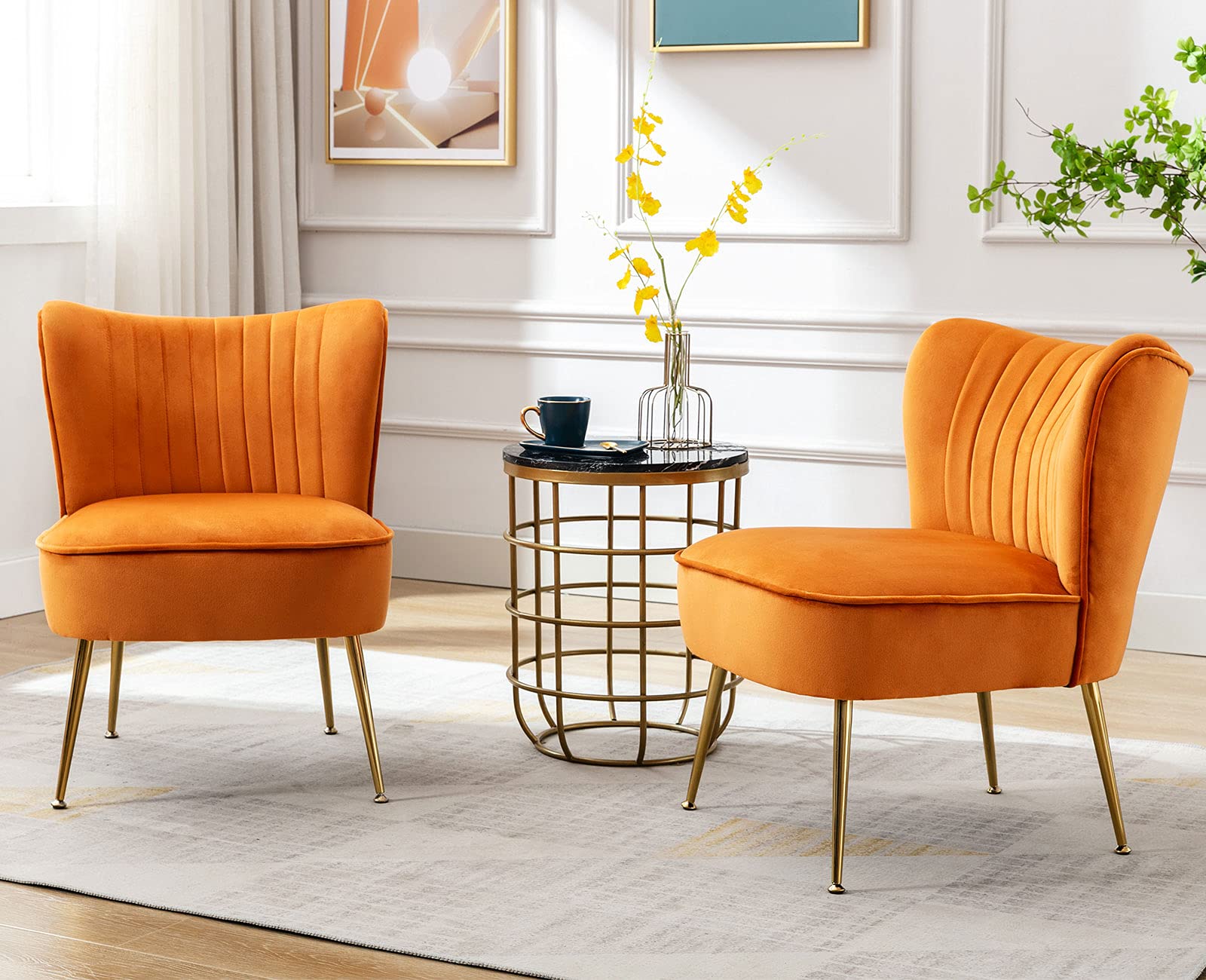 Velvet Accent Chairs Set of 2 - Mid-Century Modern Upholstered Side Chairs with Golden Legs, Comfy Armless Wingback Slipper Chairs for Living Room, Guest Room & Bedroom - Stylish Orange Home Decor for Cozy Seating & Lounge Areas