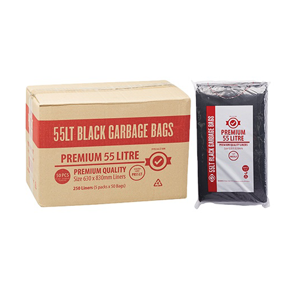 Premium Heavy Duty 55Lt Black Trash Bags - Extra Thick Garbage Bags for Kitchen, Office & Outdoor Use