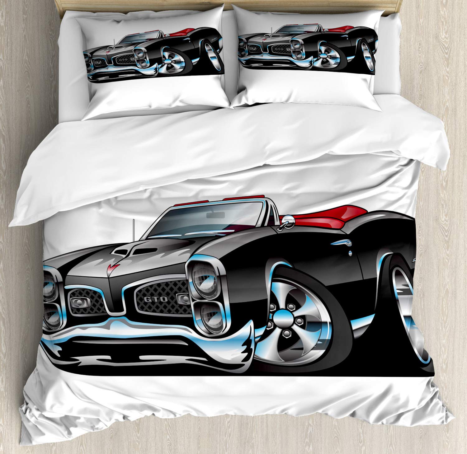 Ambesonne Vintage Muscle Car Duvet Cover Set - King Size 3-Piece Bedding with 2 Pillow Shams | American Nostalgic Sports Car Design with Speeding Wheels Print | Pale Grey Blue Decor | Perfect for Car Enthusiasts' Bedrooms, Man Caves & Auto-Themed Home Decor