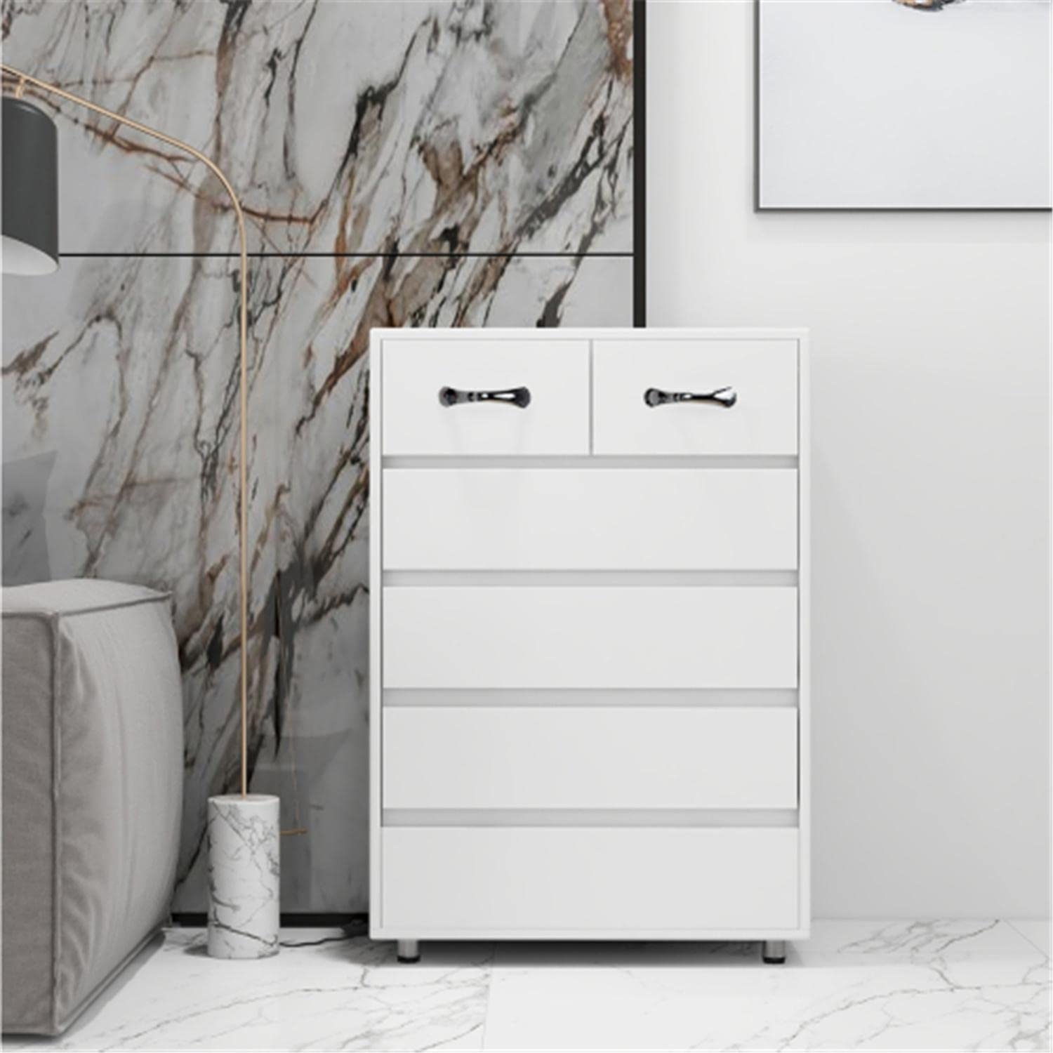 Modern White Wooden Storage Cabinet - 6 Drawers for Kitchen, Bedroom & Living Room