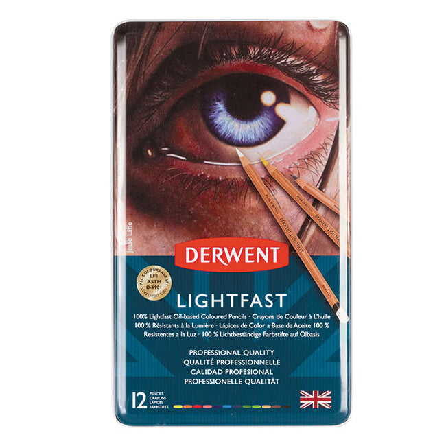 12-Pack Derwent Lightfast Oil-Based Colored Pencils for Professional Drawing & Coloring - Premium Artist Set in Metal Tin - Perfect for Sketching, Illustration, and Fine Art Projects