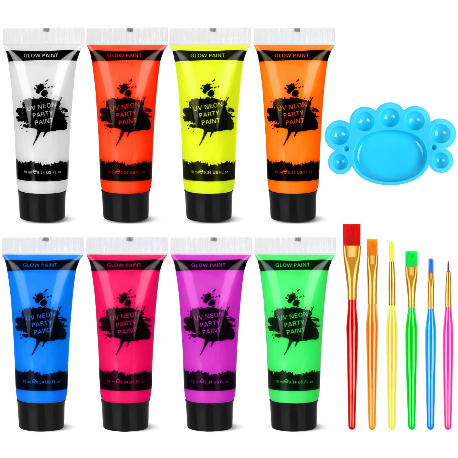 Blacklight Neon Face & Body Paint - 8 Tubes (0.34oz/10ml) Glow in The Dark, Fluorescent UV Party Makeup for Halloween, Raves & Festivals - Safe & Washable