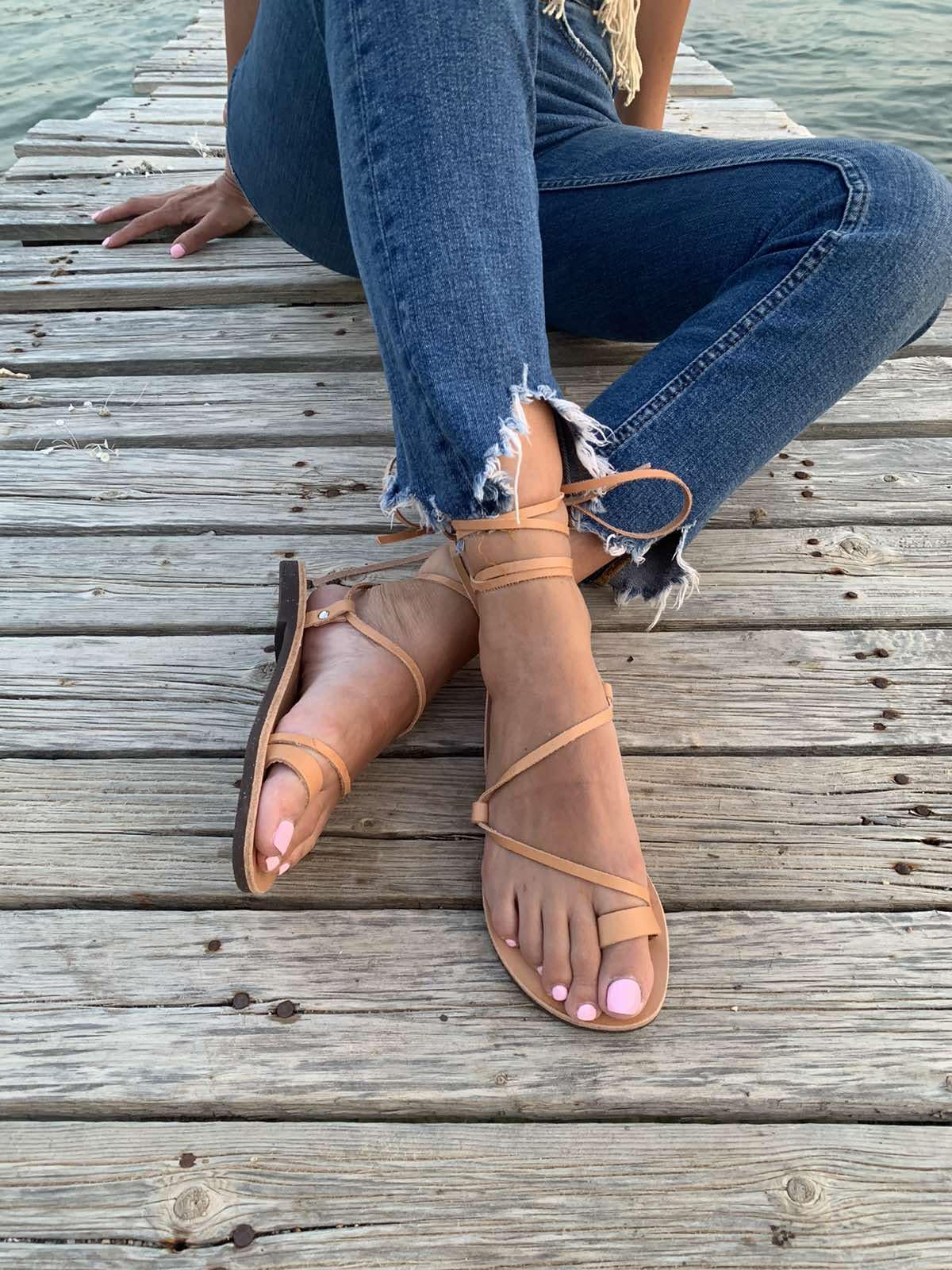 Women's Beige Leather Gladiator Sandals with Toe Ring - Comfortable Lace-Up Greek Style Flip Flops for Beach, Summer & Casual Wear (Size 40)