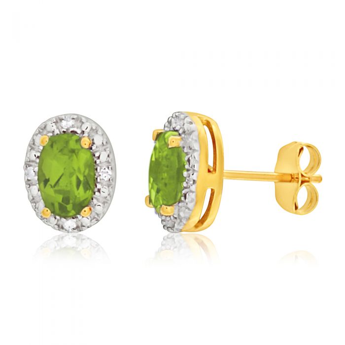 9ct Yellow Gold & White Gold Diamond & Peridot Stud Earrings - Elegant Dainty Jewelry for Women, Perfect for Weddings, Parties & Everyday Wear