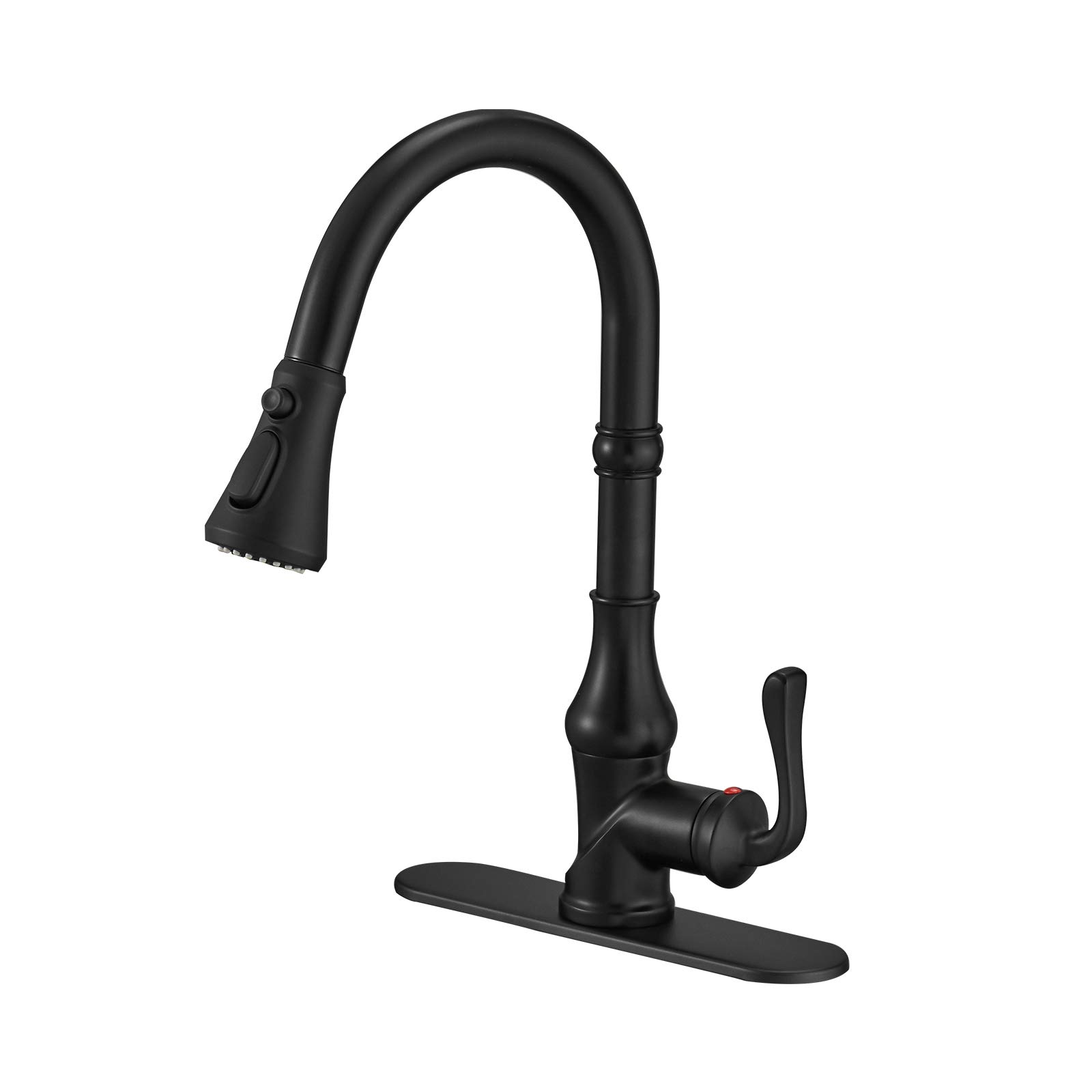 BWE Matte Black Pull-Out Sprayer Kitchen Faucet - 3 Spray Modes, Single Handle Gooseneck High Arc Design with Deck Plate | Ideal for Farmhouse, Commercial Bar & Kitchen Sink Use