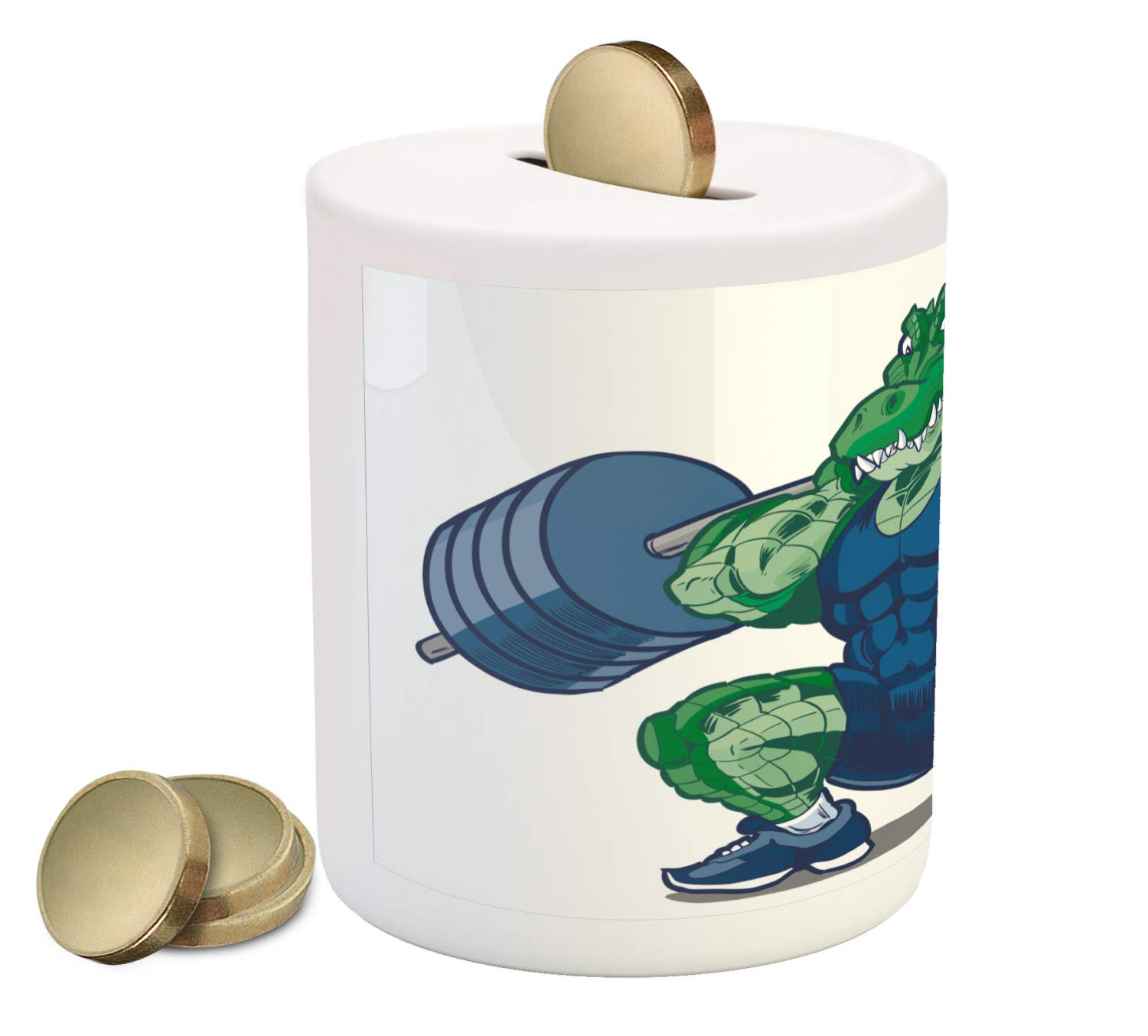 Ambesonne Ceramic Piggy Bank with Cartoon Crocodile Print - Money Saving Coin Bank for Cash & Coins - Sporty Alligator Design in Jade Green & Blue - Perfect Gift for Kids, Teens & Collectors - Great for Birthday Presents, Savings Goals & Home Decor