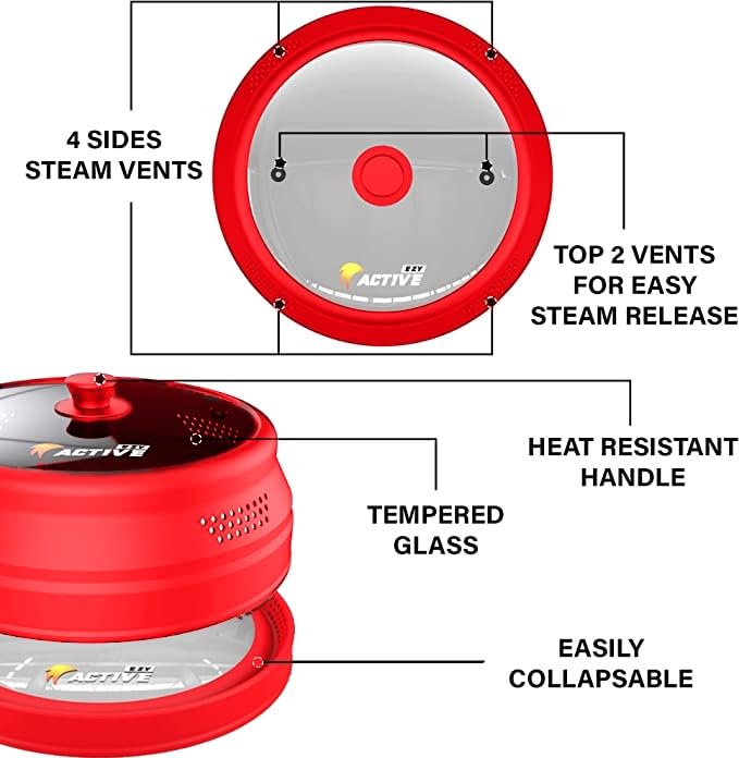 Collapsible Microwave Cover for Food - Silicone & Glass Splatter Guard Lid for 6-12 Inch Plates & Bowls | Dishwasher Safe, Heat Resistant, BPA-Free (Red) | Perfect for Reheating Meals, Preventing Mess & Keeping Food Fresh