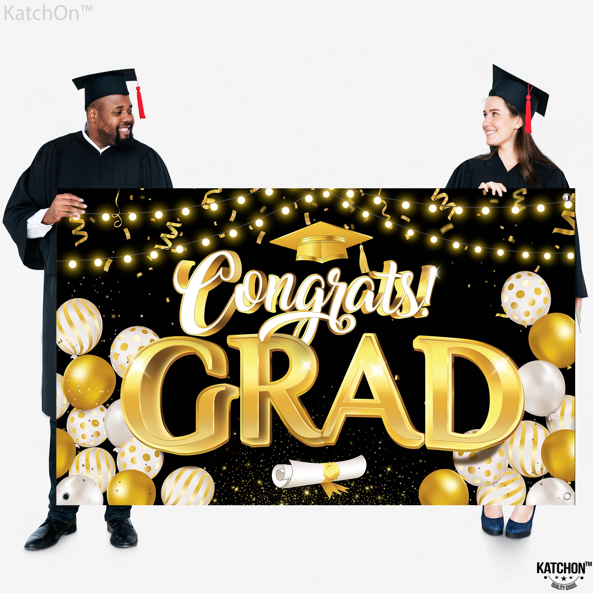 KatchOn Black & Gold Extra Large Graduation Banner 72x44 Inch - Class of 2025 Party Decor, Backdrop for Graduation Ceremony | Perfect for Graduation Party Decorations, Photo Booth Background, School Events & Home Celebration
