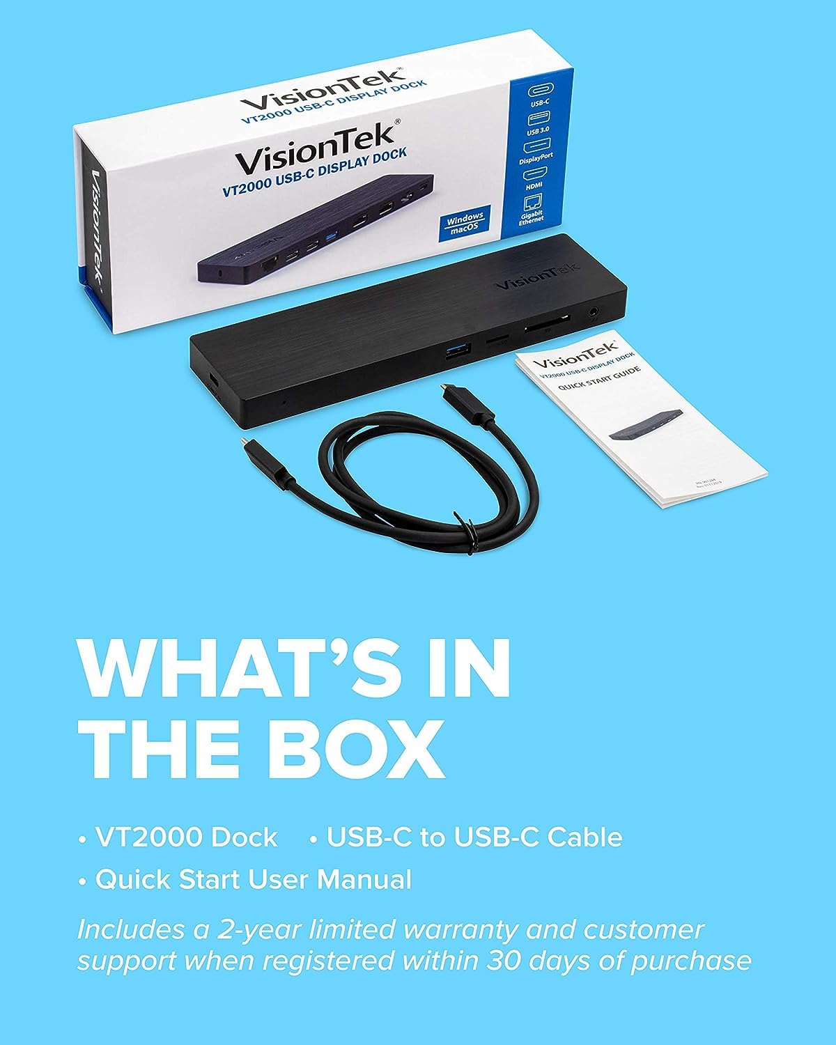 VisionTek VT2000 USB-C MST Triple Monitor Docking Station - 2x DisplayPort, 1x HDMI, 4x USB Ports, Audio, Ethernet, SD Card Reader for Windows Laptops - Perfect for Home Office, Remote Work & Multi-Screen Productivity