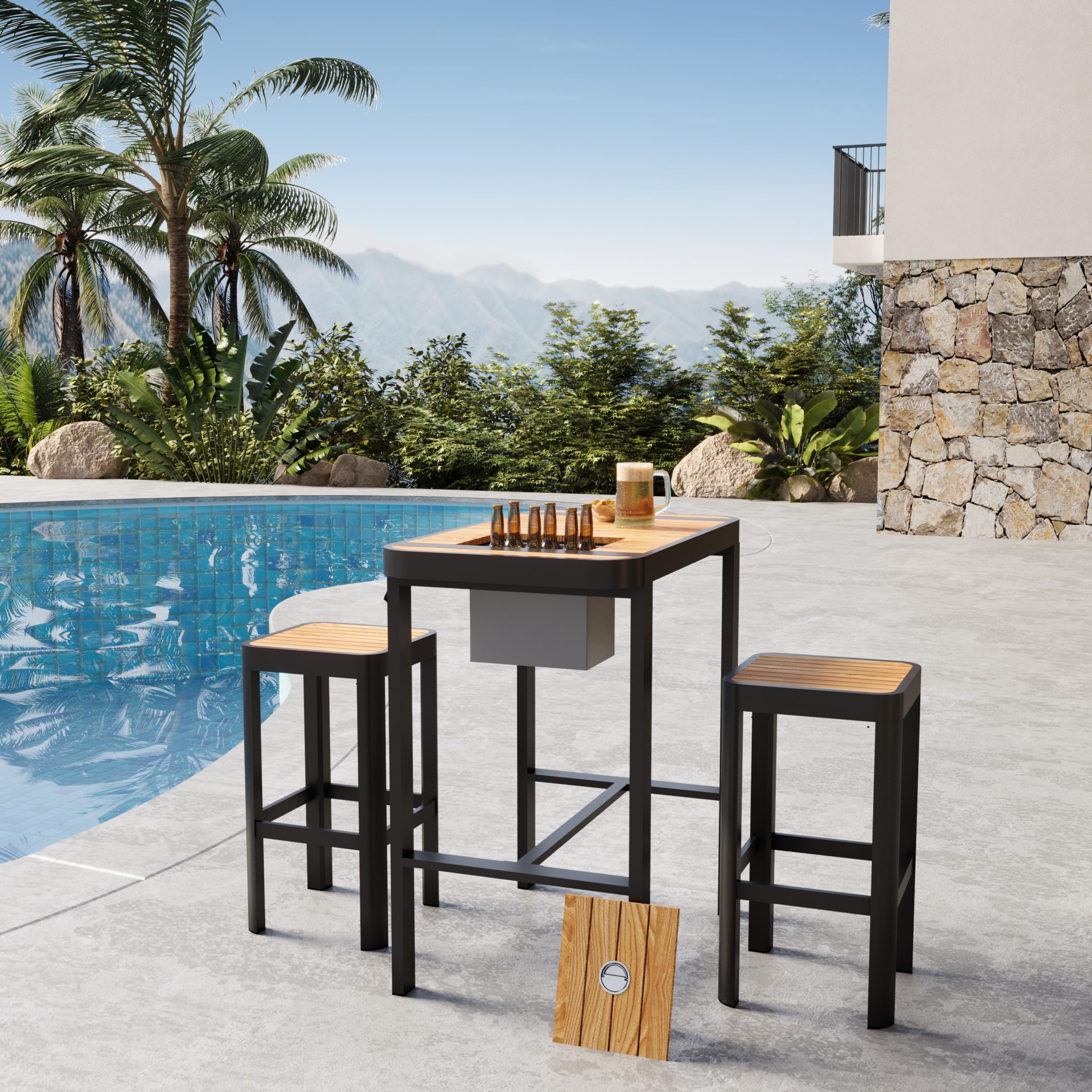 EAST OAK Signature 3-Piece Outdoor Bar Set - Teak & Aluminum High Top Table with 2 Chairs - Modern Patio Furniture for Garden, Backyard, Poolside & Balcony - Weather-Resistant Dark Grey Bistro Set for Outdoor Dining & Entertaining