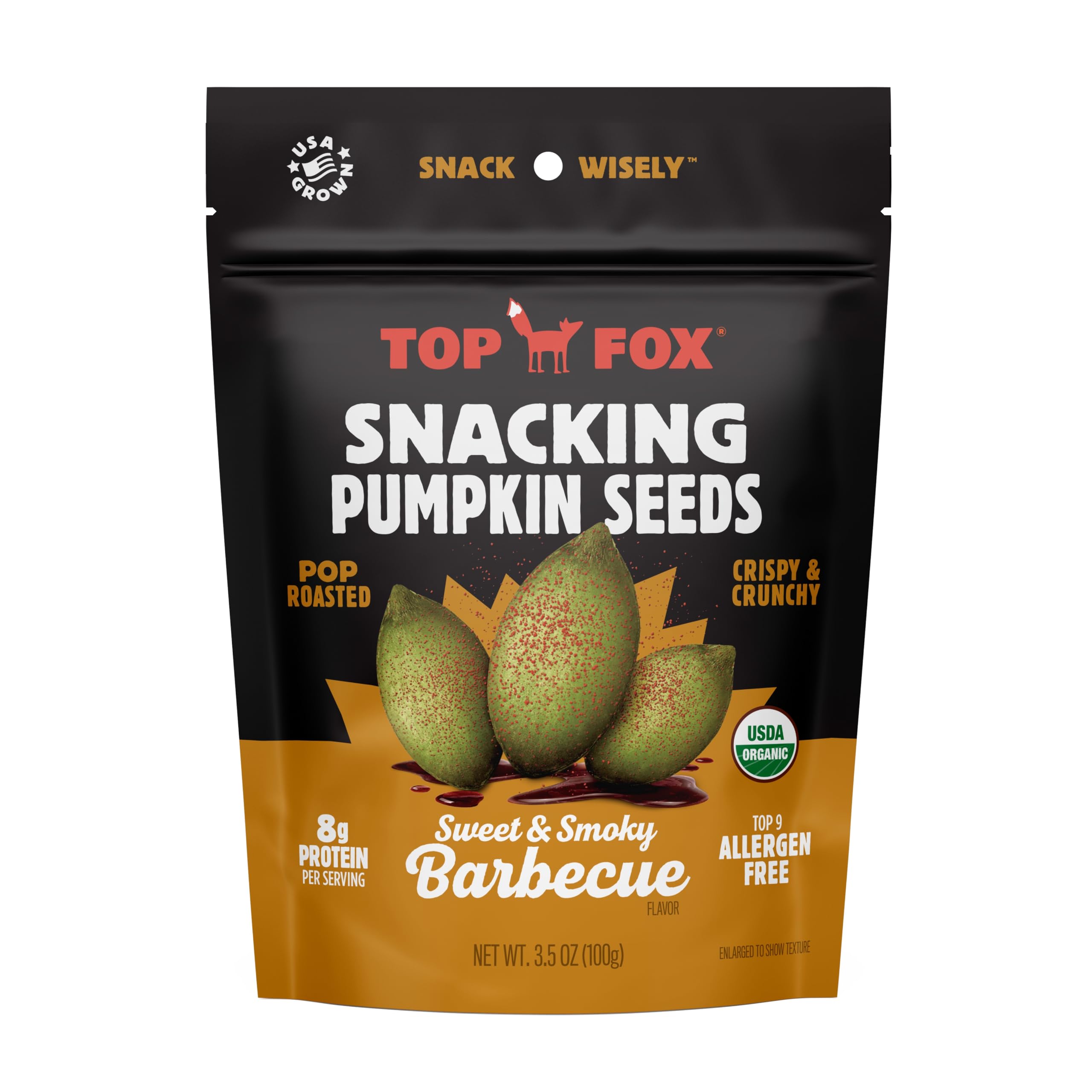 Organic Pop-Roasted Pumpkin Seeds by Top Fox Snacks - Healthy Protein Snacks, Gluten Free, Keto & Vegan Friendly (BBQ Flavor, 3.5oz - 6 Pack) - Perfect for On-the-Go Snacking, Workout Fuel & Healthy Lifestyle