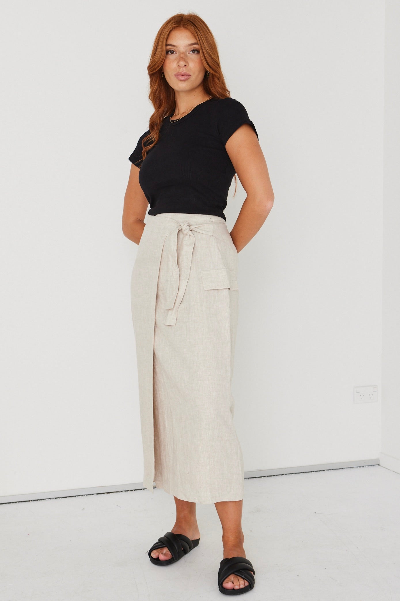 Grounded Natural Linen Wrap Cargo Midi Skirt - Women's Boho Casual Summer Skirt with Pockets | Perfect for Beach, Travel & Everyday Wear