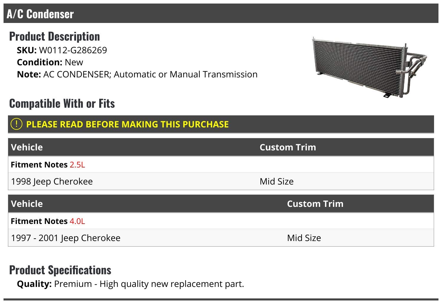1997-2001 Jeep Cherokee A/C Condenser Replacement - OEM Fit AC Cooling System Part for XJ Models - Perfect for Summer Driving & Off-Road Adventures