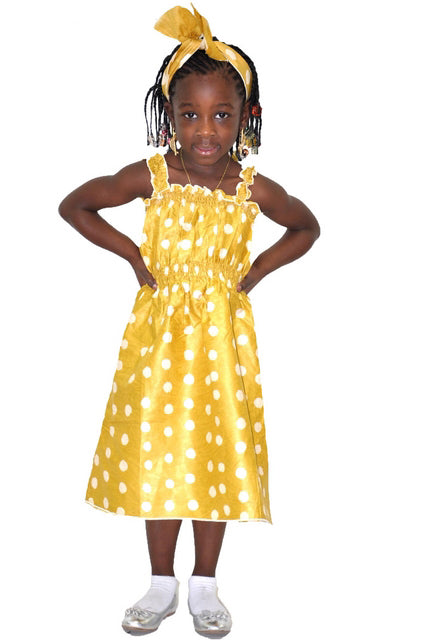 2-Piece Mustard African Print Smocked Dress for Girls - Stylish & Comfortable Outfit for Parties, School, and Special Occasions