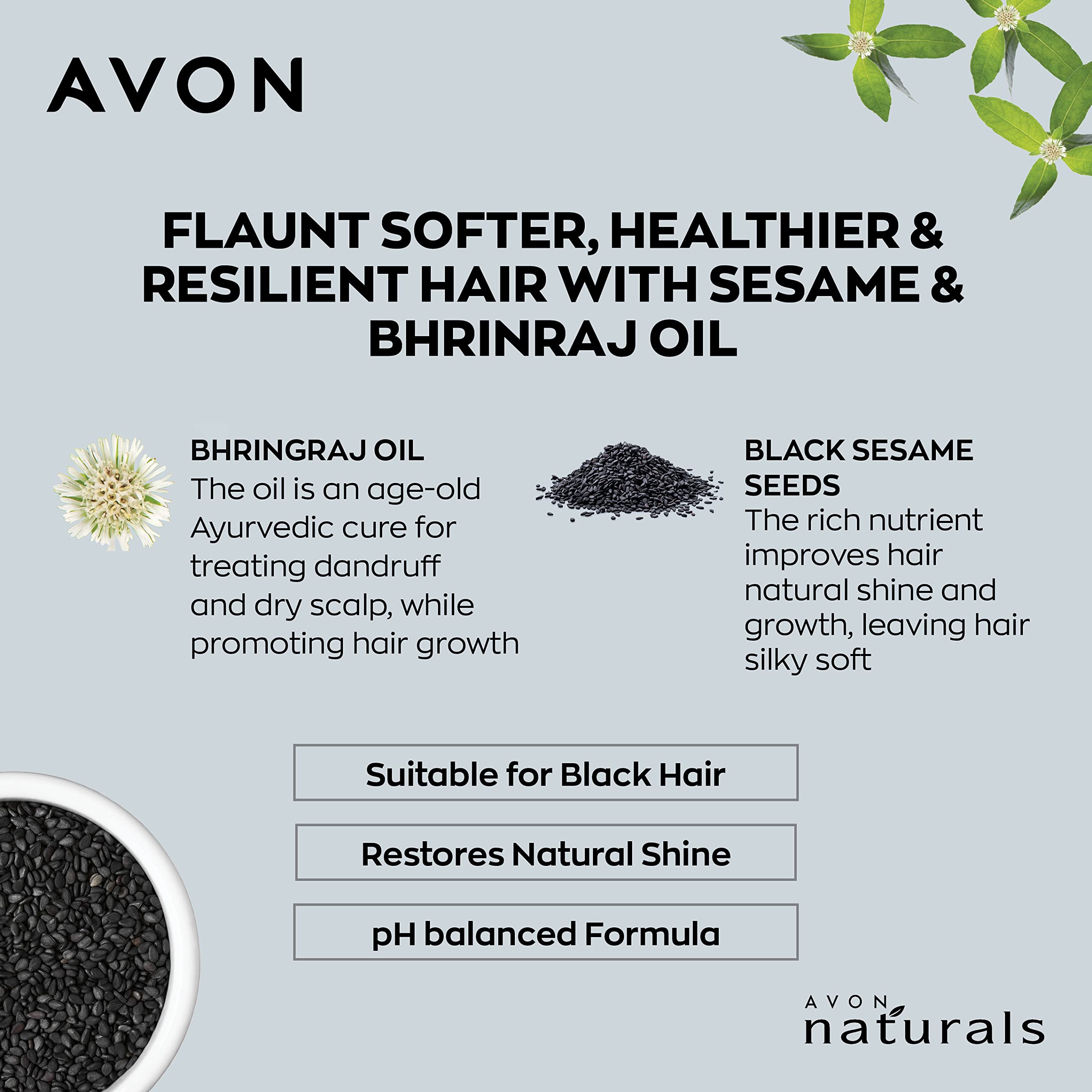 Avon Natural Black Shine Bhringraj 2-in-1 Shampoo & Conditioner for Soft, Smooth Hair - 180ml | Ayurvedic Hair Care for Daily Use & Damaged Hair Repair