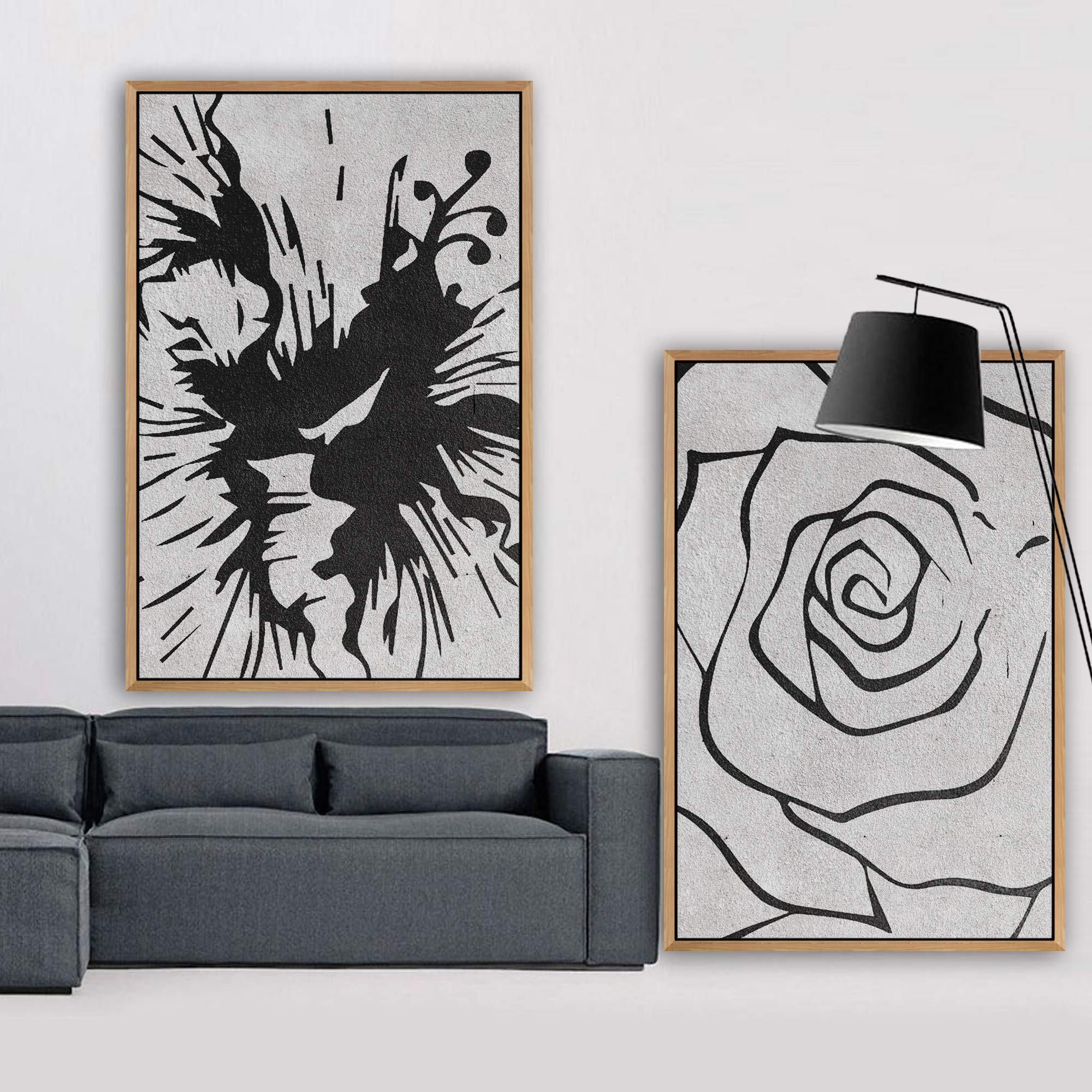 SIGNWIN 2-Panel Framed Canvas Wall Art - Black and White Floral Print Home Decor for Living Room, Bedroom, Office - 24