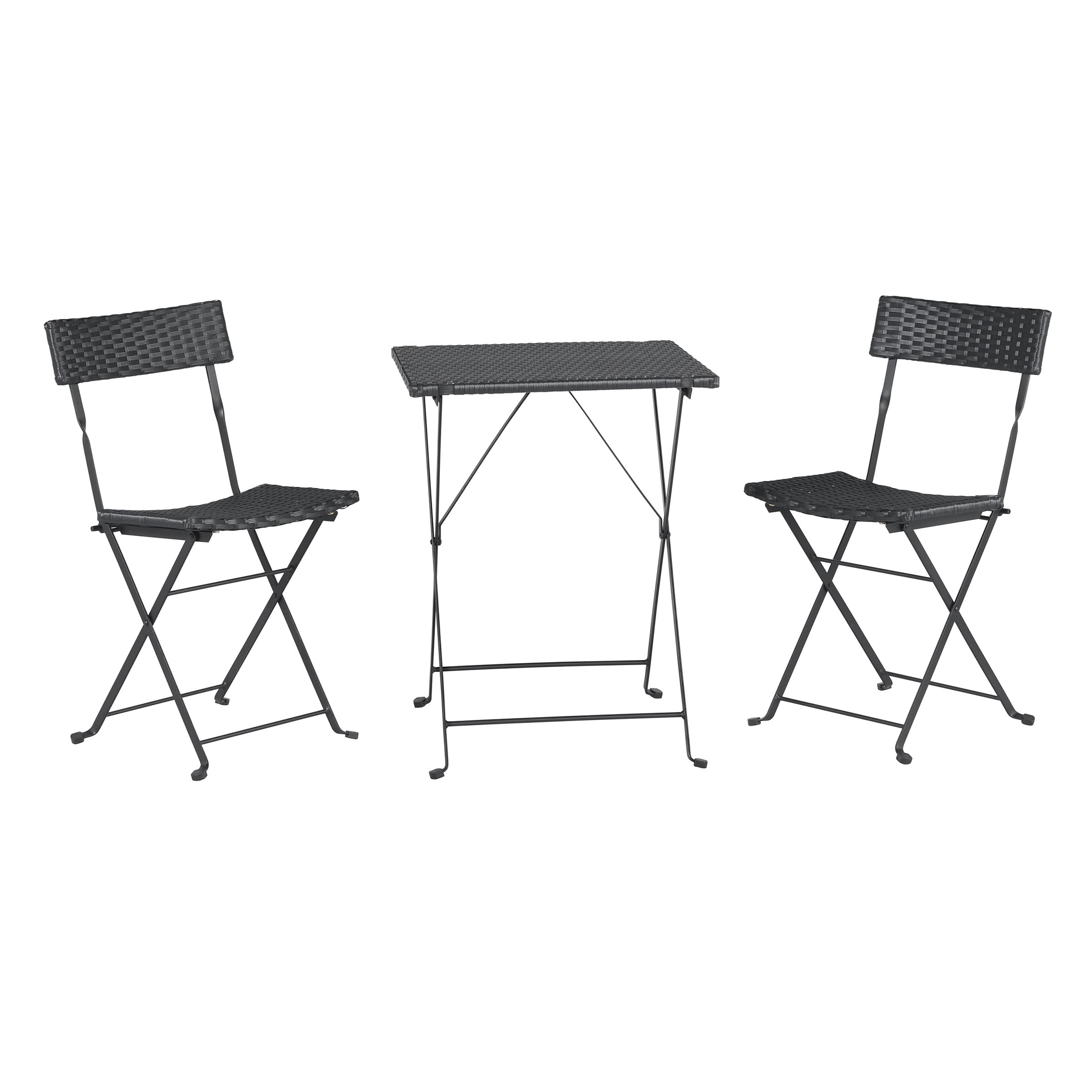 Lavish Home 3-Piece Folding Patio Bistro Set - Weather-Resistant Rattan & Steel Outdoor Café Table with Chairs for Porch, Deck, Garden, Balcony or Backyard (Black) | Perfect for Small Space Dining, Morning Coffee & Outdoor Entertaining