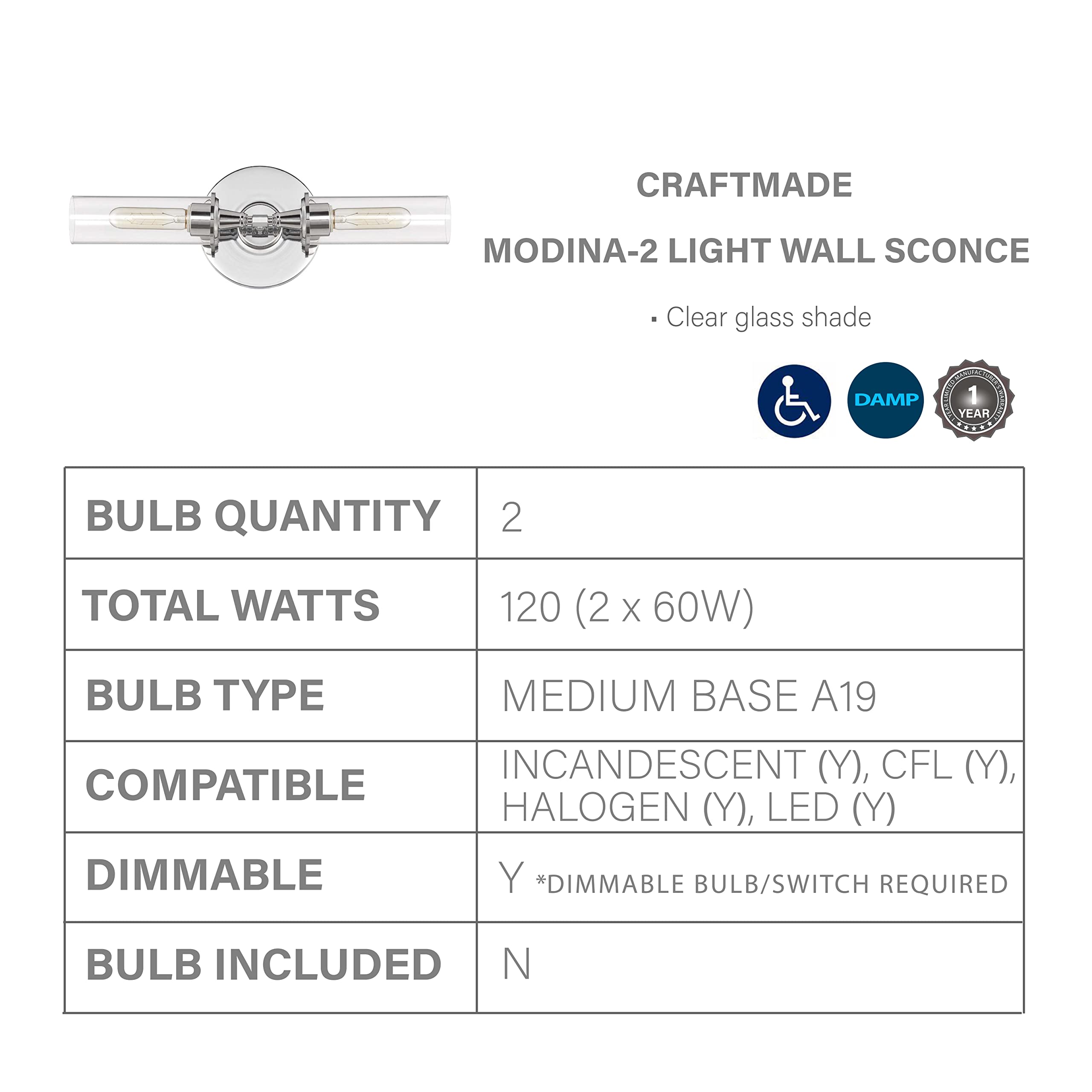 Craftmade 38002-CH Modina 2-Light Wall Sconce - 120W Chrome Finish (20