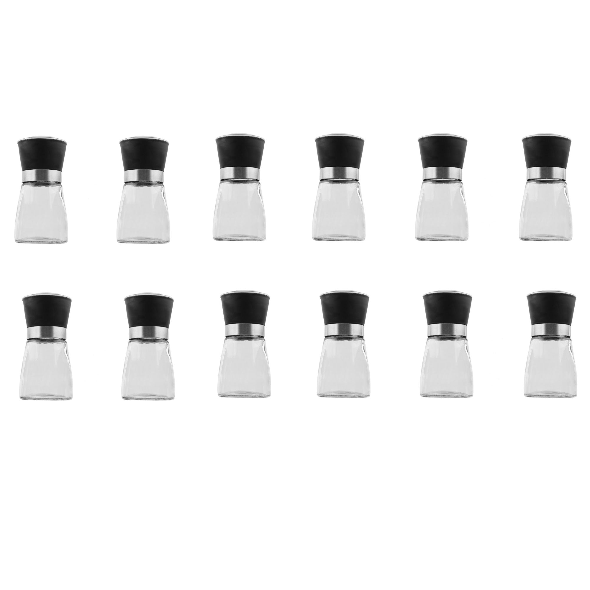 12-Pack 150ml Glass Salt and Pepper Grinder Set - 12cm Height, Adjustable Ceramic Core, Refillable Spice Mill for Kitchen, Dining Table, or Restaurant Use