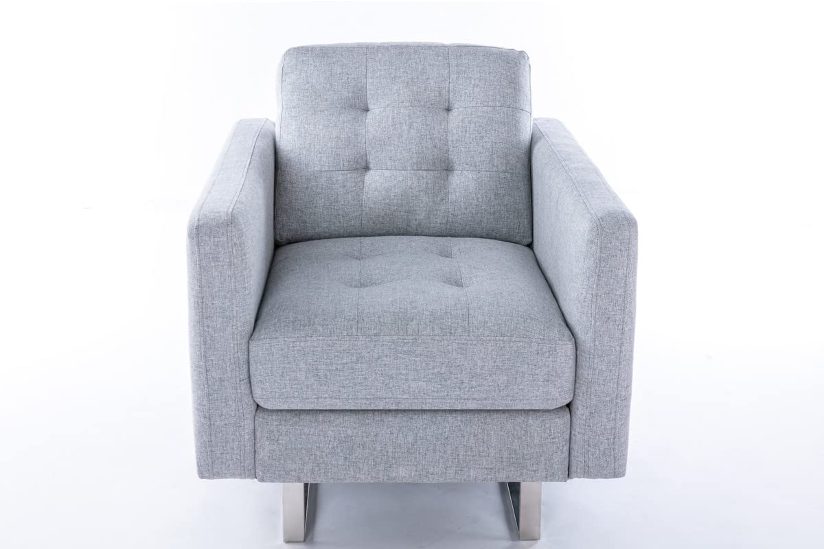 Lilola Home Victoria Light Gray Linen Fabric Armchair with Metal Legs, Side Pockets & Pillow - Modern Living Room Accent Chair for Reading Nook, Bedroom or Office