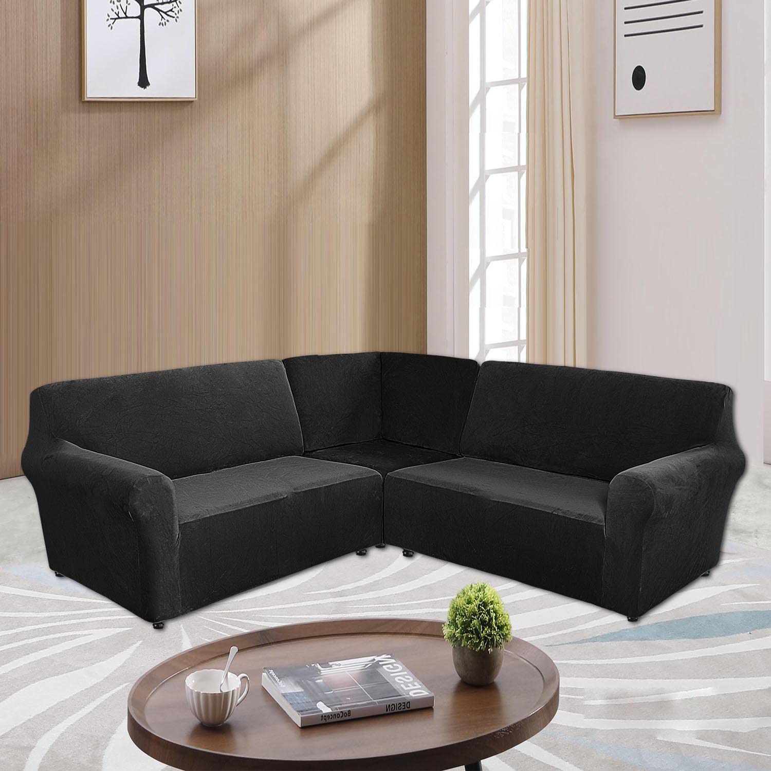 Velvet Stretch Corner Sofa Cover for 5-Seater L-Shaped Sectional Couch - Soft Furniture Protector Slipcover for Living Room (Black) - Perfect for Pets, Kids & Spills Protection