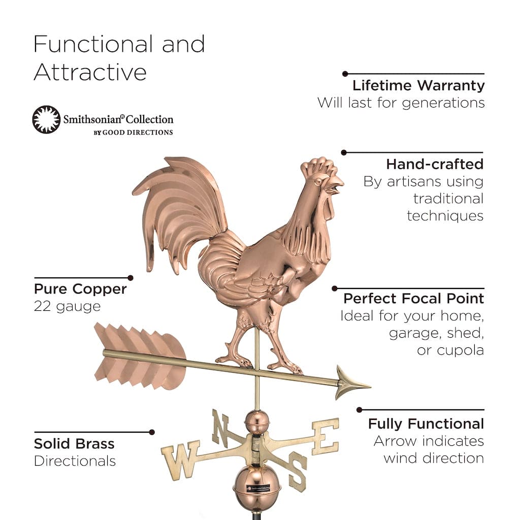 Smithsonian Rooster Weathervane - Pure Copper Handcrafted Outdoor Decor for Garden, Farmhouse, or Barn - Weather Resistant & Durable Design