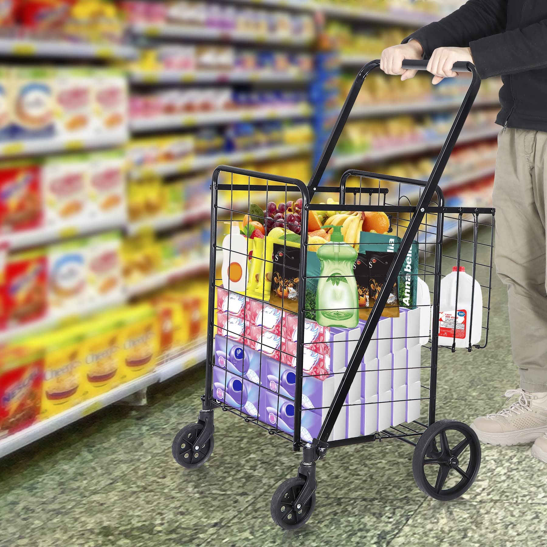 Foldable Shopping Cart with Wheels - Double Basket Grocery Cart for Laundry, Books, Luggage & Travel - Heavy Duty & Portable - Ideal for Grocery Shopping, College Dorms, Beach Trips & Airport Use (Black)