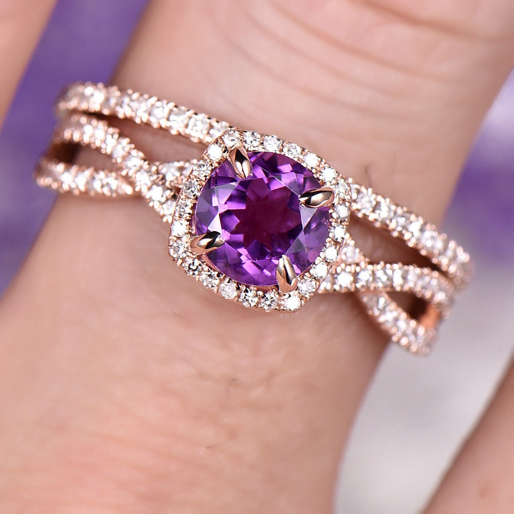14K Rose Gold Amethyst Engagement Ring Set with Pave Diamonds - Thin Twisted Matching Wedding Band & Full Eternity Ring for Anniversary, Proposal & Special Occasions
