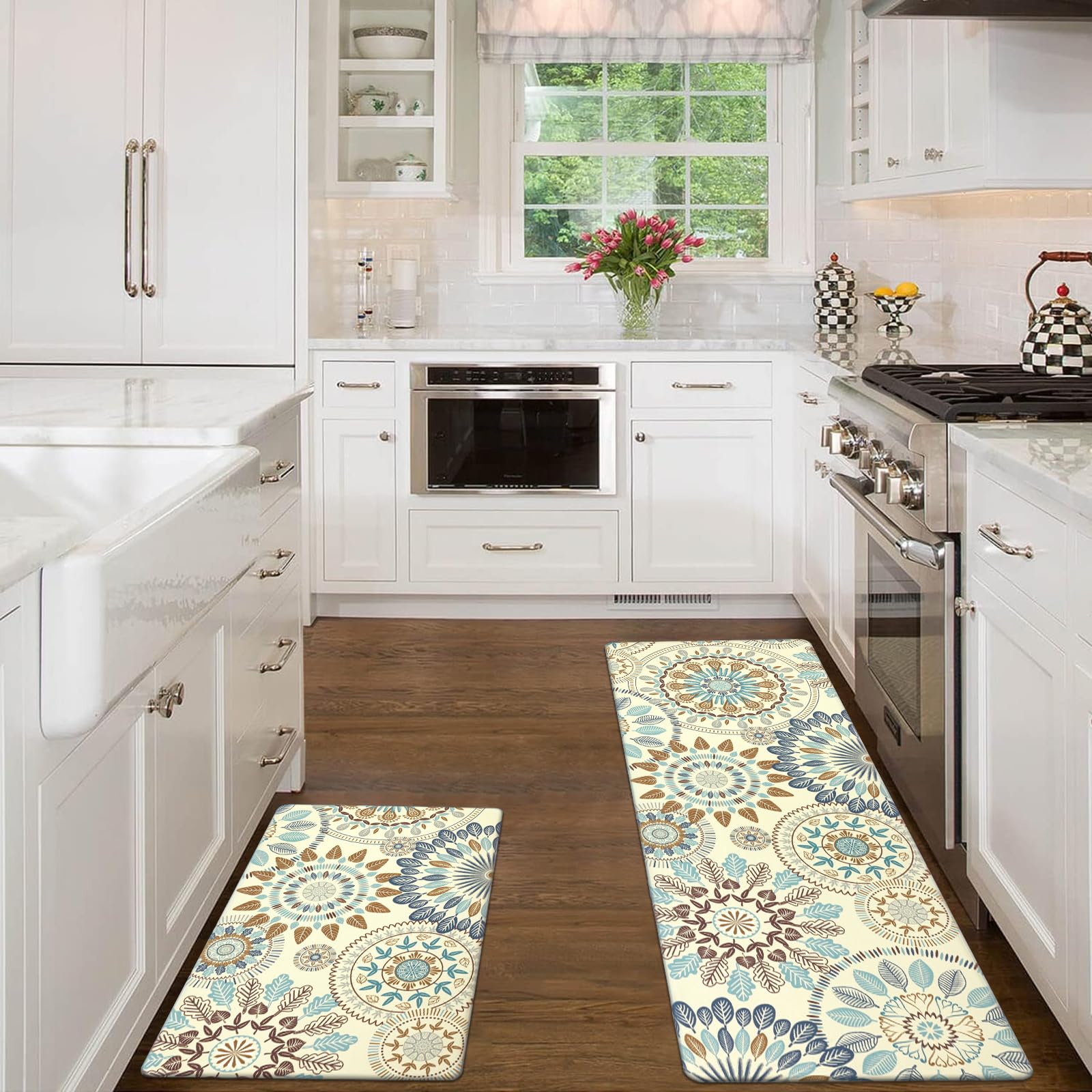 Boho Kitchen Rugs Set of 2 - Non-Slip Anti Fatigue Mats for Hard Floors, Waterproof Cushioned Standing Mats for Comfort - Perfect for Kitchens, Laundry Rooms & High-Traffic Areas