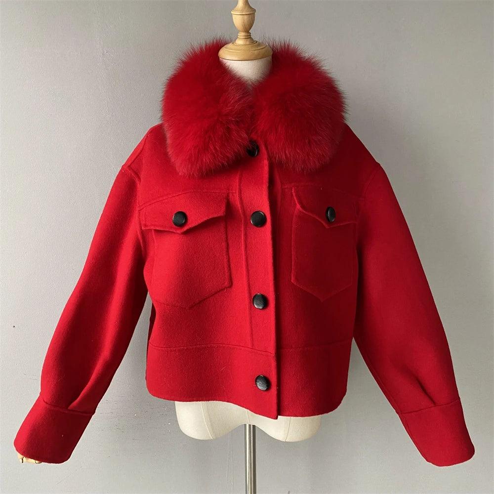 Luxury Women's Cashmere Wool Coat with Real Fur Collar - Winter Cropped Jacket, Full Sleeves & Pockets - Streetwear Outerwear for Cold Weather & Fashion Outings