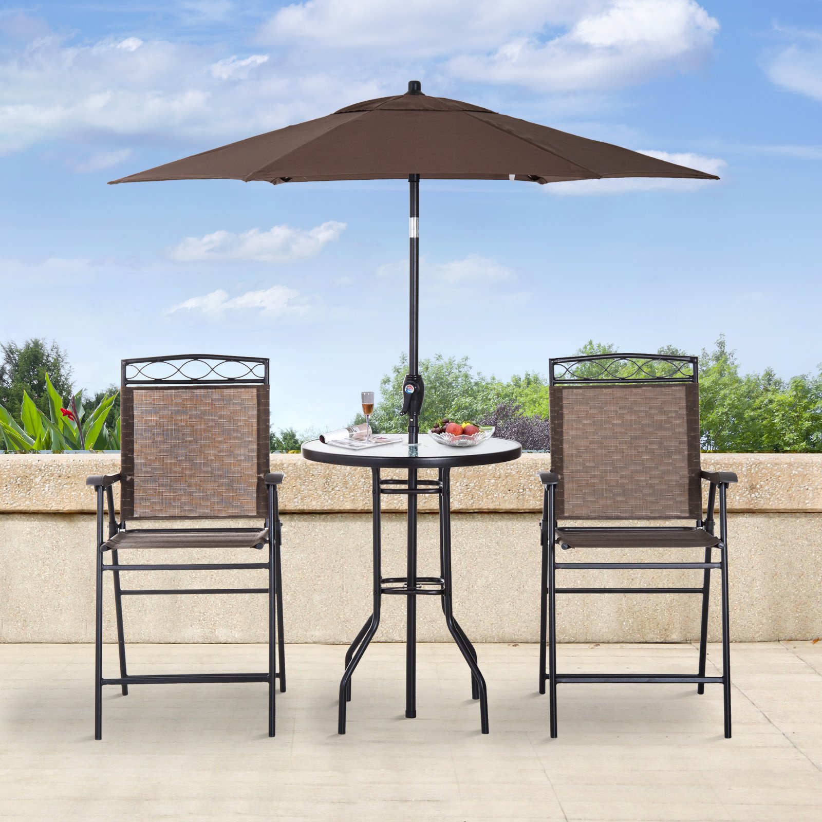 Outsunny 4-Piece Outdoor Patio Dining Set with 2 Folding Chairs, Adjustable Umbrella & Tempered Glass Table - Brown | Perfect for Backyard, Garden, Poolside & BBQ Gatherings