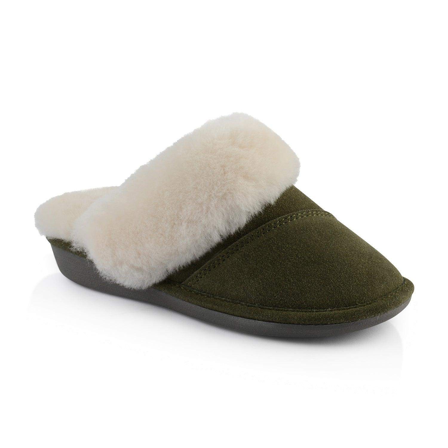 Joy Women's Fuzzy House Slippers - Soft Indoor/Outdoor Slides with Memory Foam, Military Green - Cozy Comfort for Home, Lounge & Backyard Relaxation