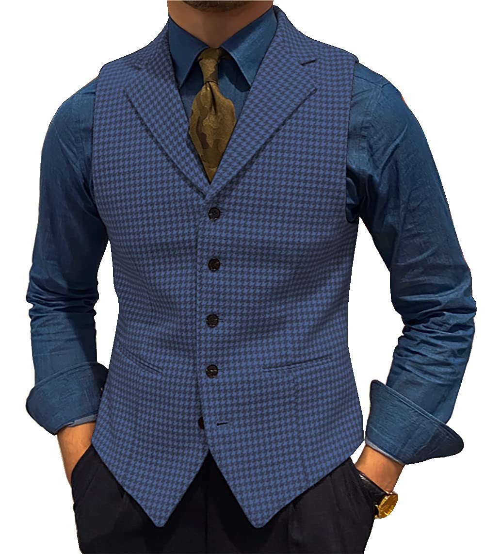 Men's Slim Fit Wool Tweed Houndstooth Plaid Waistcoat Vest - Formal & Business Suit Jacket Alternative - Perfect for Weddings, Office Wear and Vintage Style Outfits