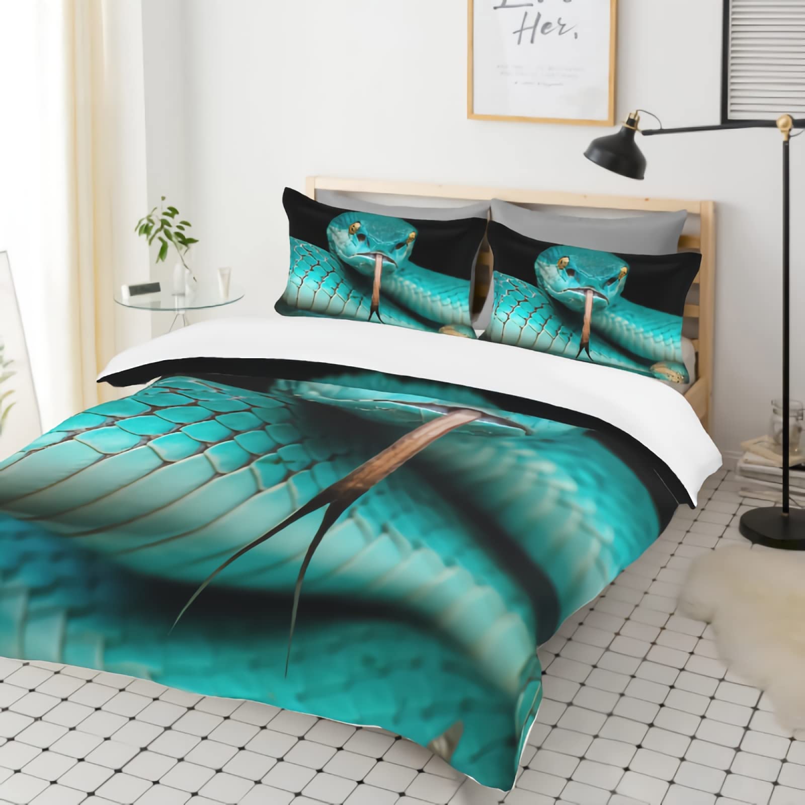 GREDBH Snake Queen Quilt Cover Set - Full Size 3-Piece Bedding with Green Cobra Reptile Print - Exotic Home Decor for Adult Couples Bedroom | Perfect for Gothic, Jungle, or Reptile-Themed Room Design