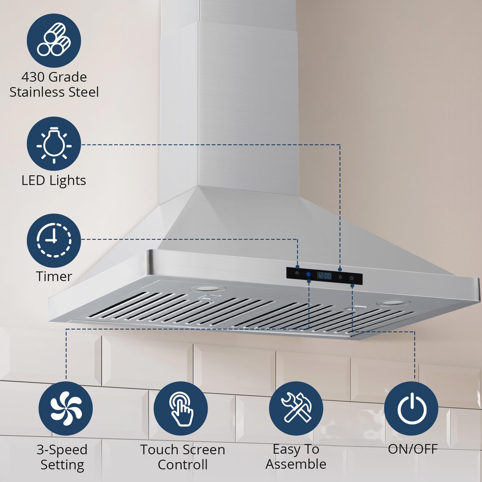 GARVEE 30 Inch Stainless Steel Range Hood with Ducted Ventilation & Timer - Powerful Kitchen Exhaust Fan for Smoke & Odor Removal - Perfect for Home Cooking & Commercial Kitchens