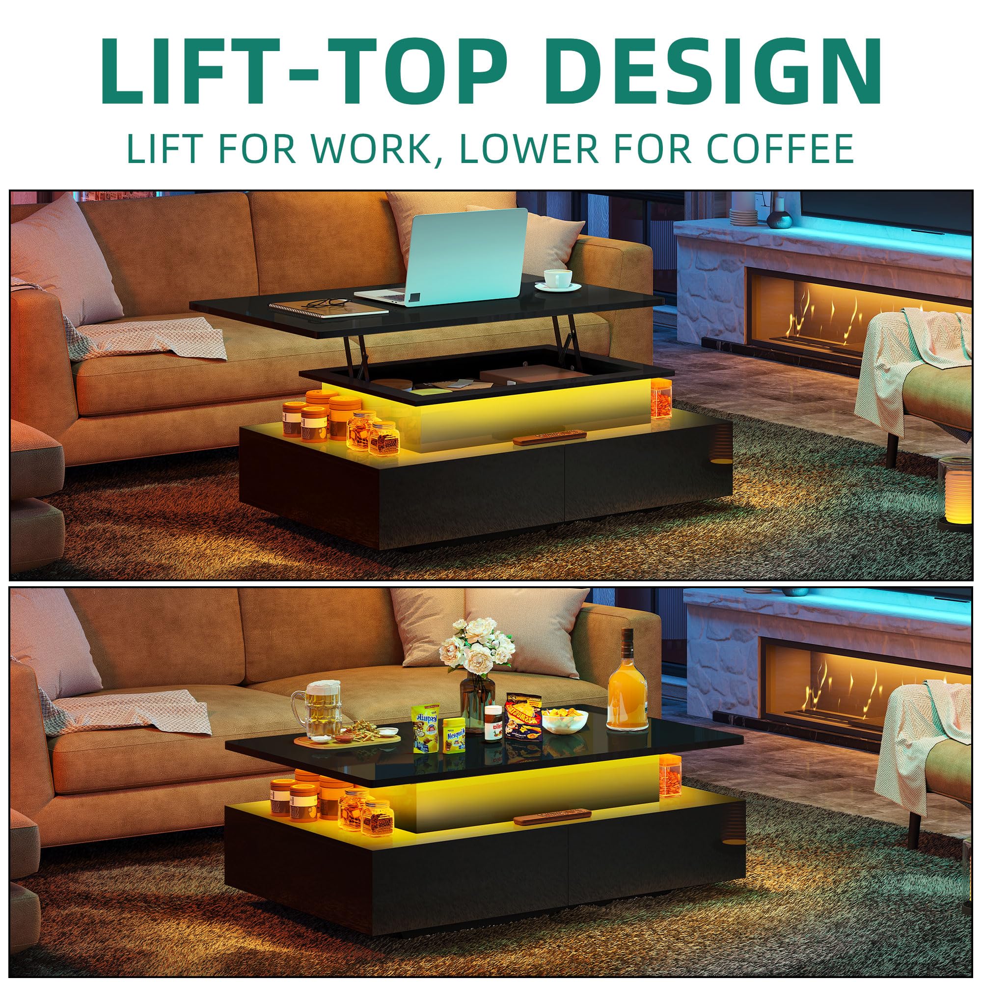 YITAHOME Lift Top Coffee Table with Storage & LED Lights - Modern Rectangular Living Room Table with 4 Spacious Drawers - Perfect for Small Spaces, Home Office & Entertainment Areas (Black)
