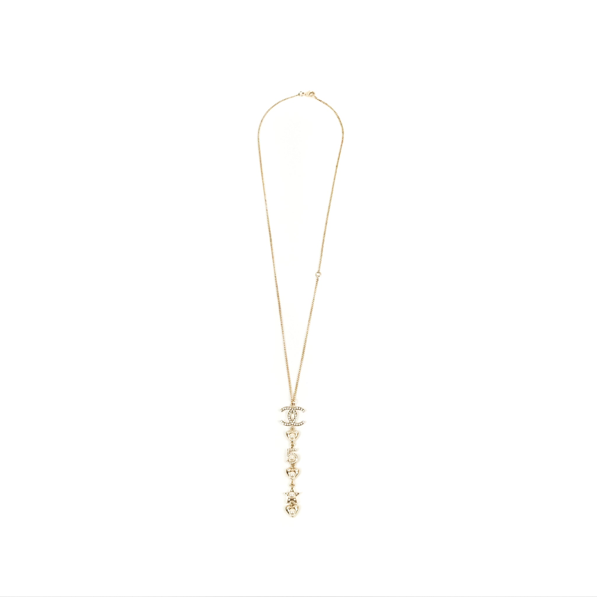 Chanel CC Crystal Pearl Heart Star Drop Necklace Gold Tone 19B - Elegant Fashion Jewelry for Women, Perfect for Parties, Weddings & Special Occasions