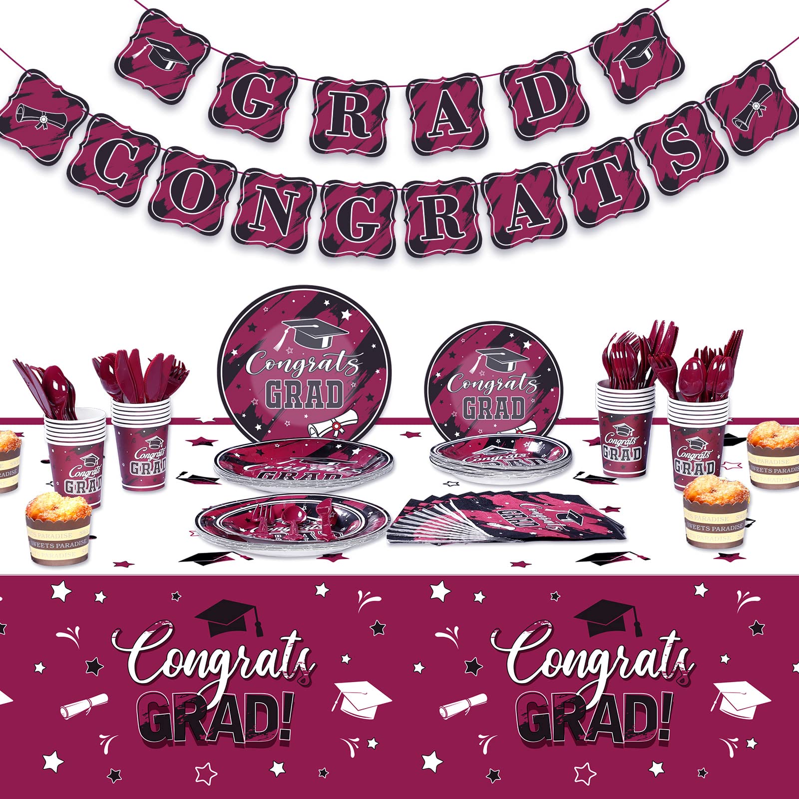 Yisong 2025 Graduation Party Supplies Kit - 24-Piece Disposable Dinnerware Set with Plates, Napkins, Cups, Cutlery & Decorations for College & High School Graduation Celebrations (Maroon) - Perfect for Graduation Dinners, Open Houses & Commencement Parties