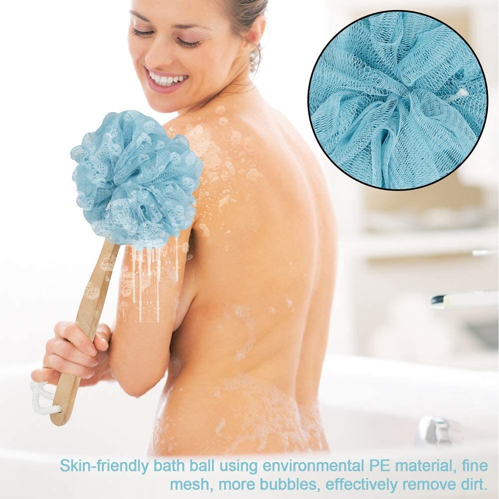 Adaamya® Unisex Long Handle Loofah Sponge Back Scrubber - Exfoliating Mesh Pouf Shower Brush for Bath & Body Care - Perfect for Spa, Massage and Deep Cleansing (Random Color, 1 Piece) - Ideal for Shower, Bathroom & Home Spa Relaxation