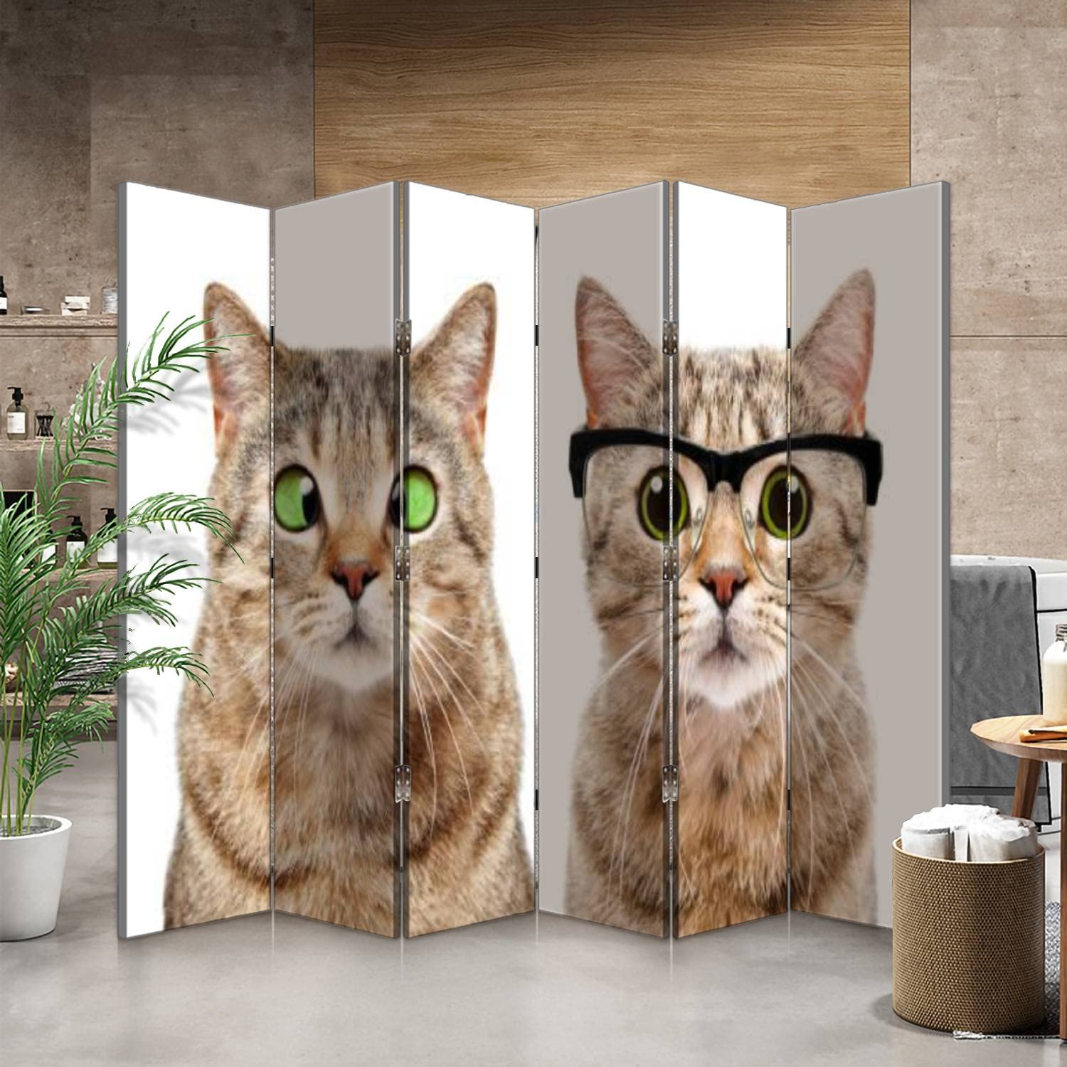 6-Panel Canvas Room Divider Screen with Cute Cat Portrait - Foldable Privacy Partition Wall Separator for Bedroom, Office & Studio | Home Decor & Space Divider