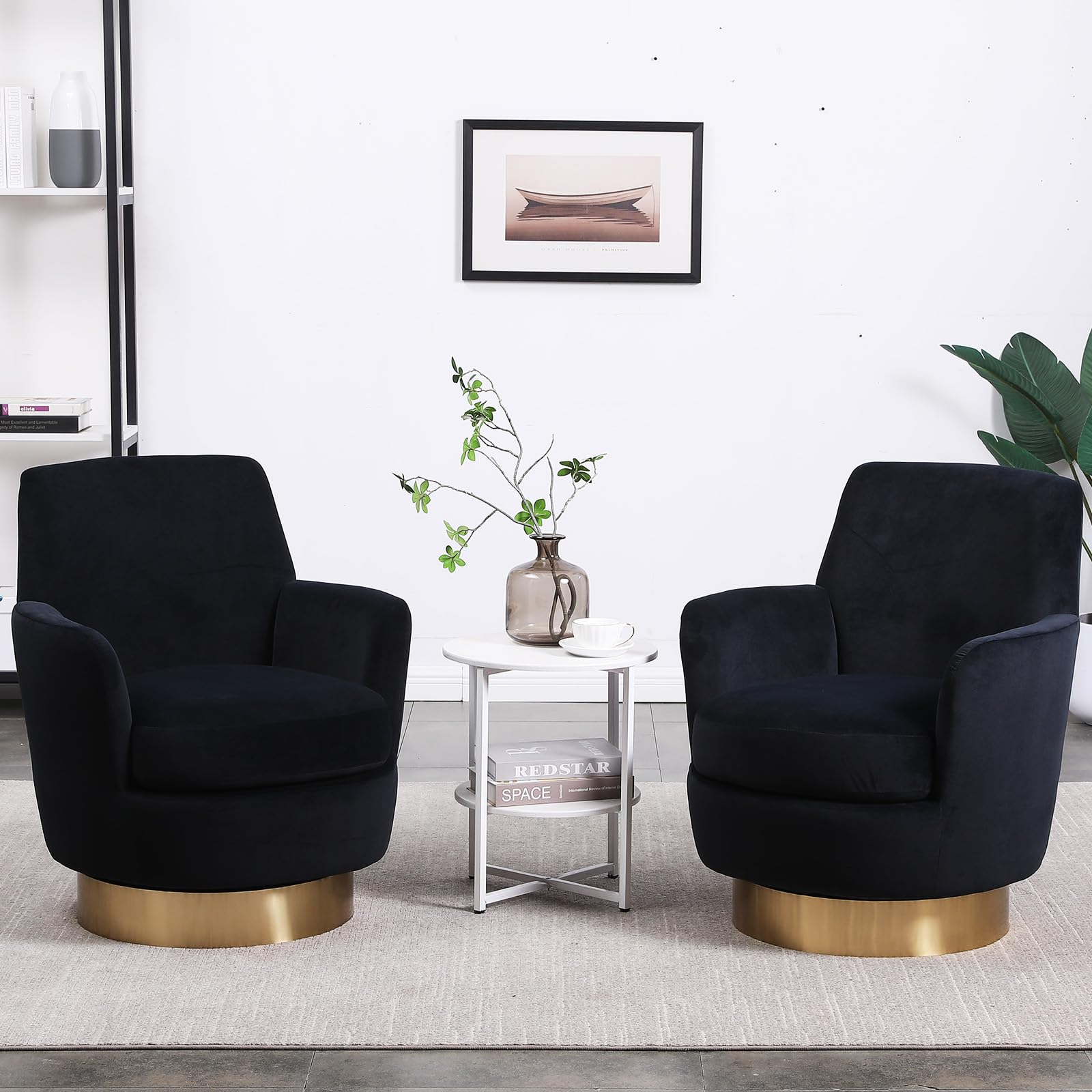 Modern Velvet Swivel Barrel Chair Set of 2 - 360 Degree Rotating Accent Chairs with Tall Backrest, Round Upholstered Armchair for Living Room, Bedroom or Office - Black Velvet Lounge Chairs for Relaxing & Reading