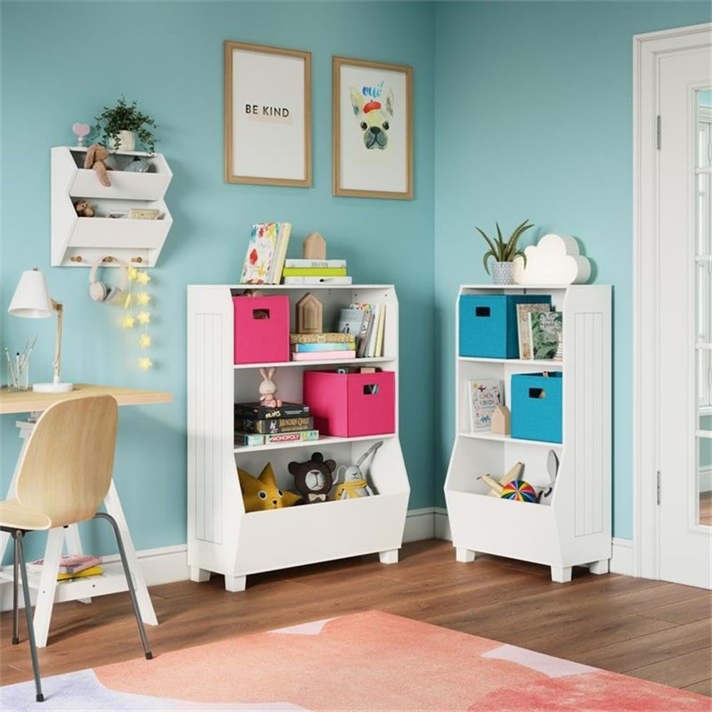 RiverRidge White Kids Bookshelf with Storage Bins - Toy Organizer & Book Shelf with 2 Open Shelves and Spacious Veggie Bin - Perfect for Nursery, Playroom, and Classroom Storage of Books, Toys, Games, and Puzzles