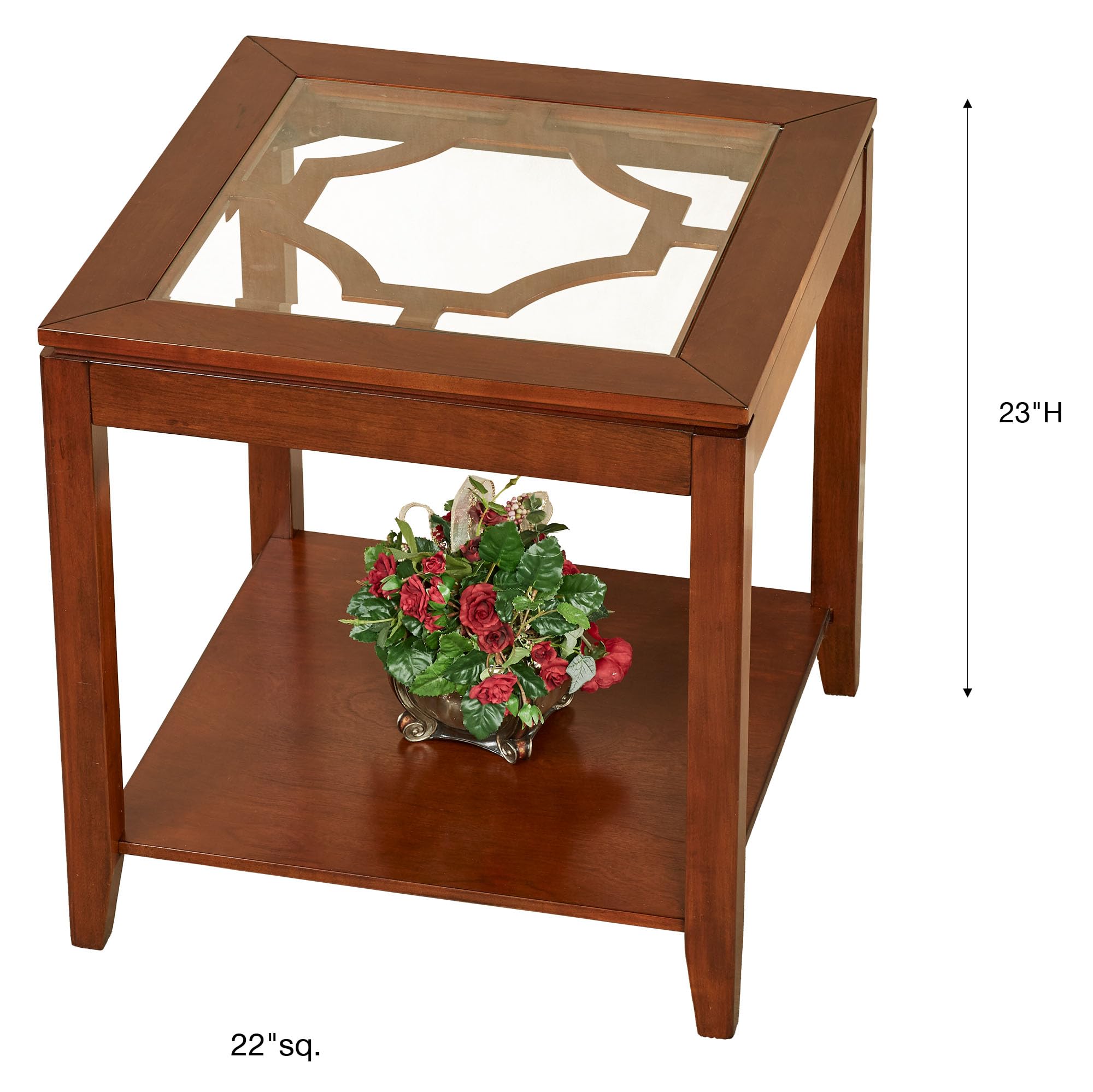Touch of Class Calderon Wooden Side Table with Glass Top - Natural Cherry Finish - Accent Table for Bedroom, Living Room, Office, Man Cave, Hallway, Entryway - Perfect for Coffee Table, Nightstand, or Decorative Display