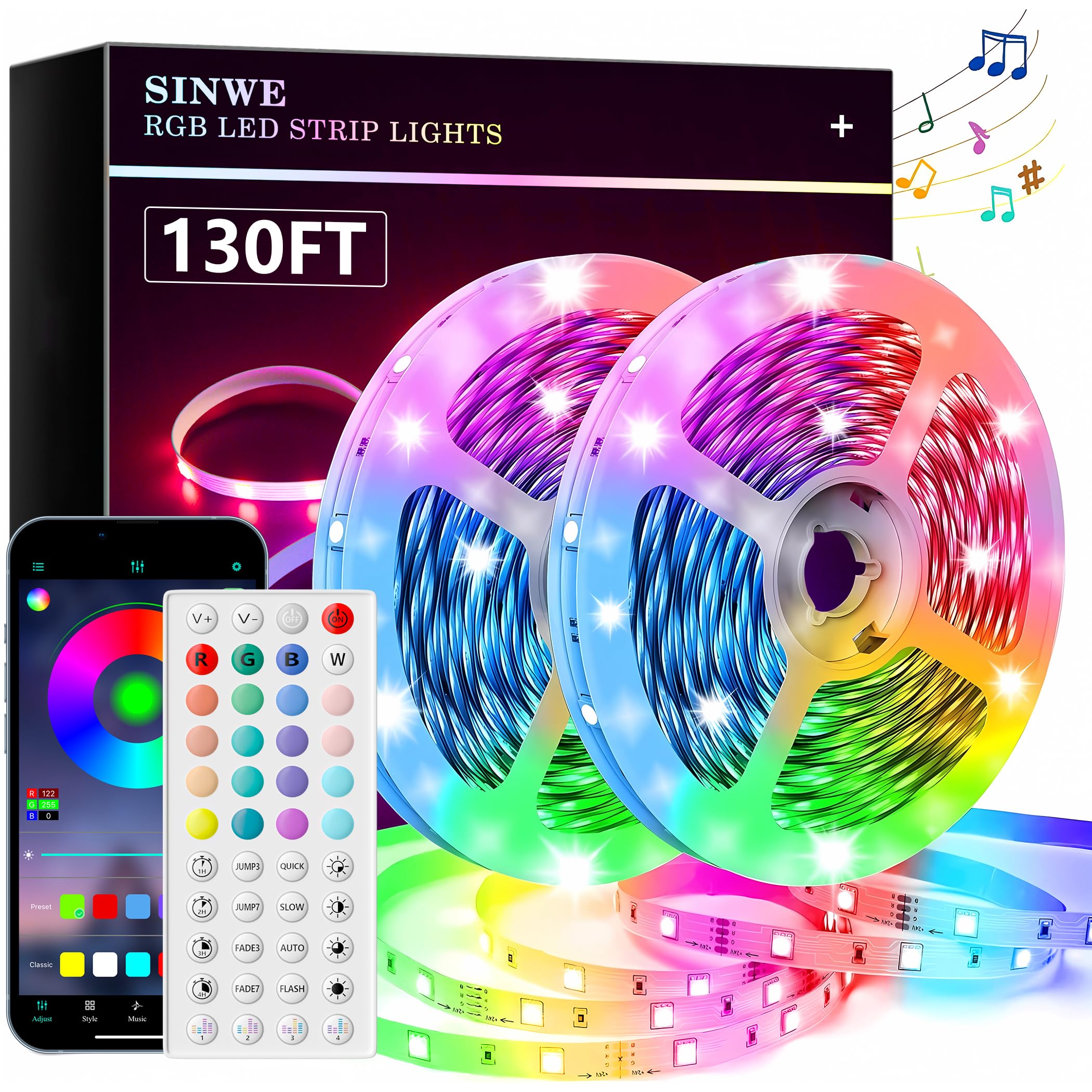 SINWE 40M RGB LED Strip Lights with Remote & App Control, Music Sync, Timer - Smart Lighting for Gaming Room, Bedroom, Kitchen, Party Decoration